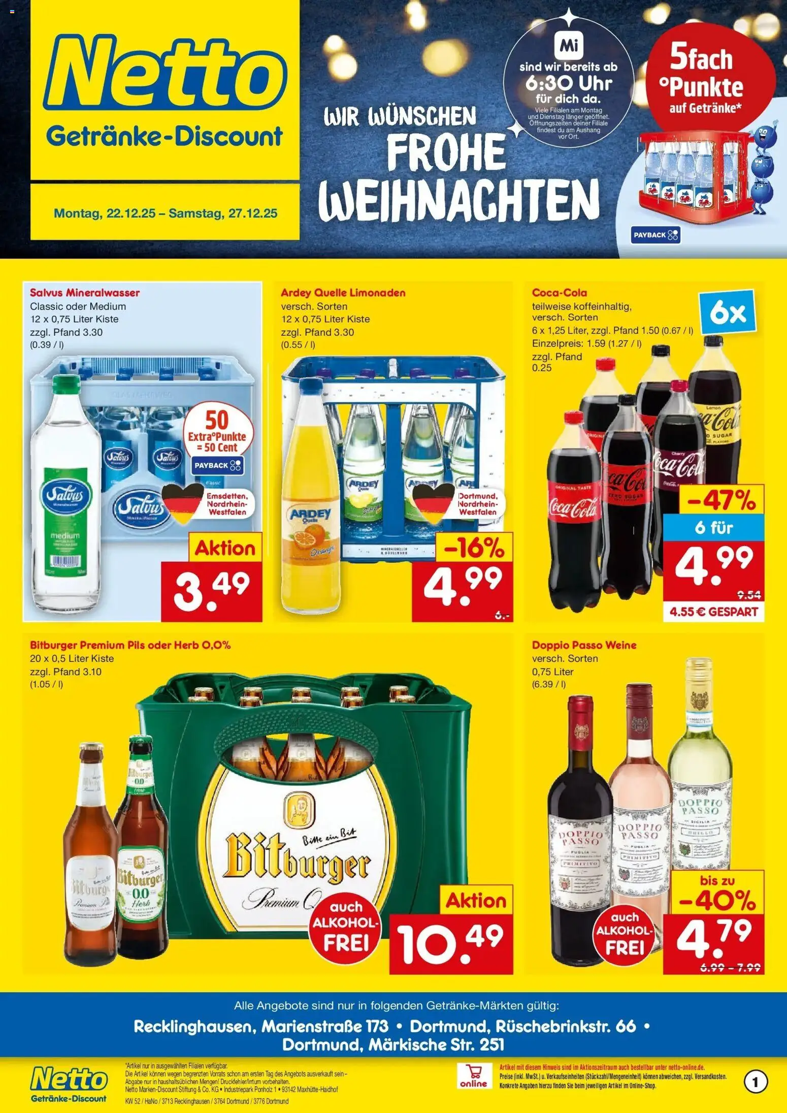Netto Marken-Discount prospekt Recklinghausen	 – gültig ab 22.12.2025 | Seite: 1 | Produkte: Bitburger, Pils, Mineralwasser, Doppio Passo