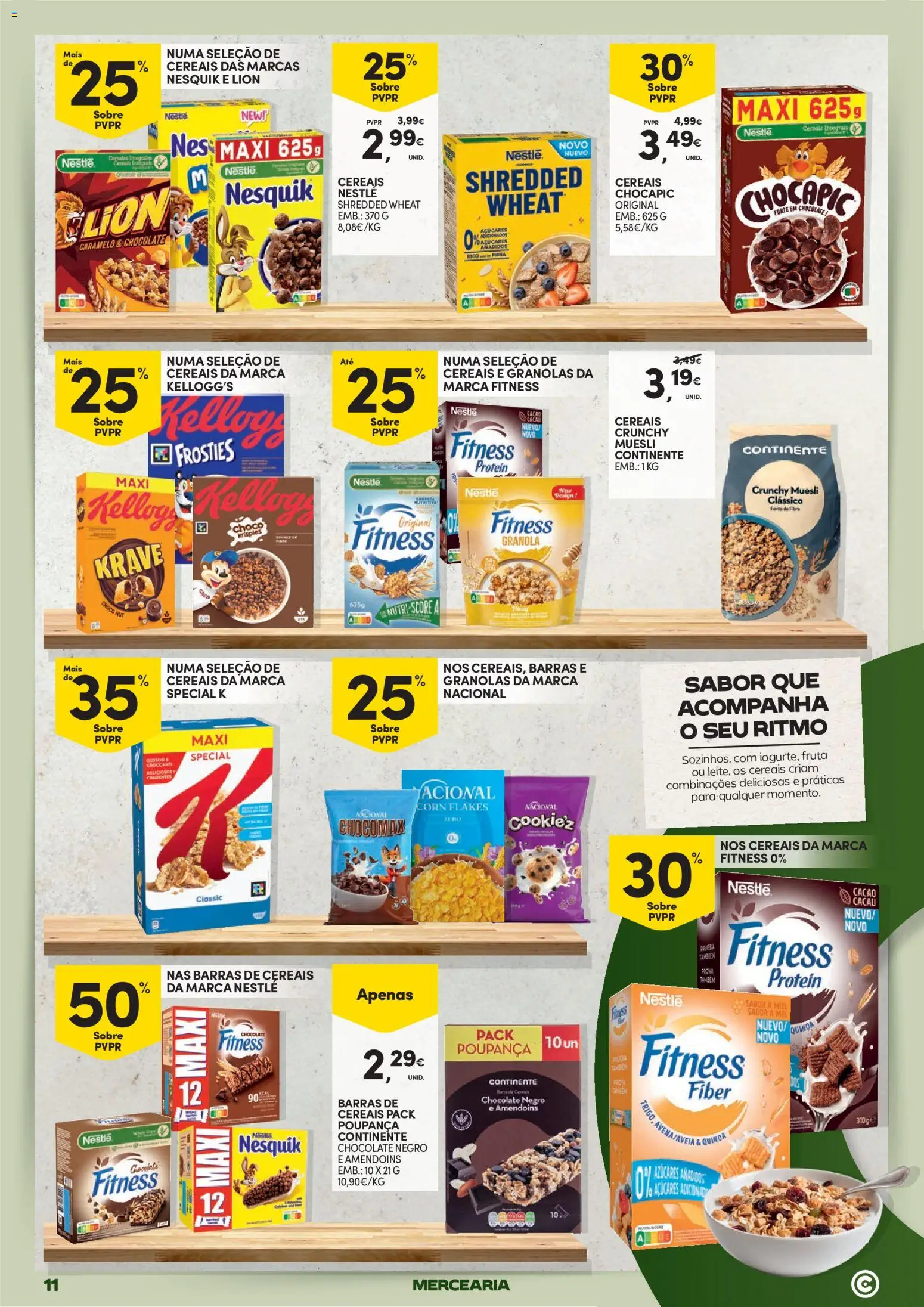 Continente Mercearia A sua despensa, a sua poupança │ válido de 21.04.2026 | Página: 11 | Produtos: Barras de cereais, Granola, Mel, Cereais