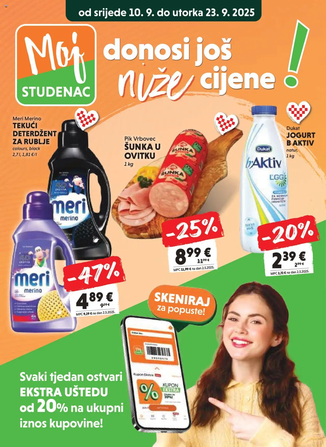 Studenac katalog | vrijedi od 10.09.2025 | Stranica: 1 | Proizvodi: Šunka, Tekući deterdžent, Pik Vrbovec, Meri Merino