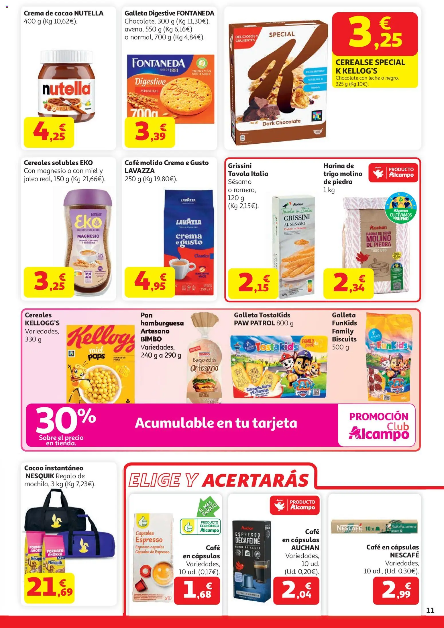 Alcampo HP Nacional │ válido desde el 21.04.2026 | Página: 11 | Productos: Leche, Cereales, Café en cápsulas, Φρυγανιές σικάλεως