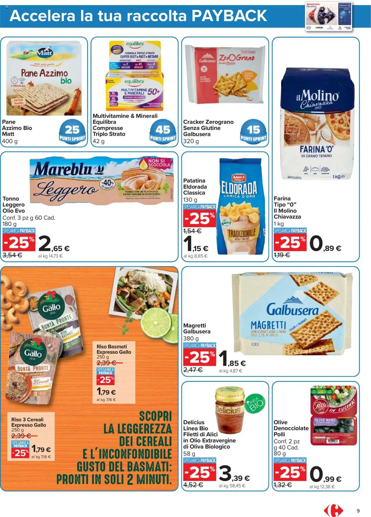 Volantino Carrefour del 20.10.2025 | Pagina: 9 | Prodotti: Cereali, Acqua, Olio, Olive