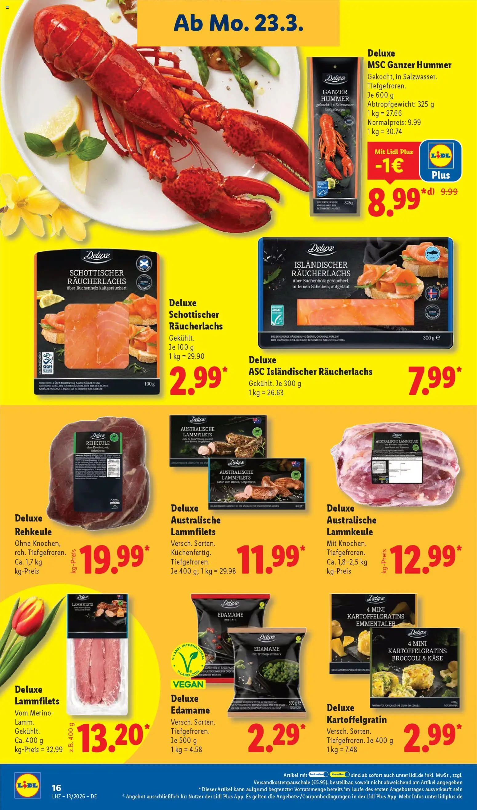 Lidl Prospekt – gültig ab 23.03.2026 | Seite: 28 | Produkte: Lammkeule, Käse, Lachs, Räucherlachs