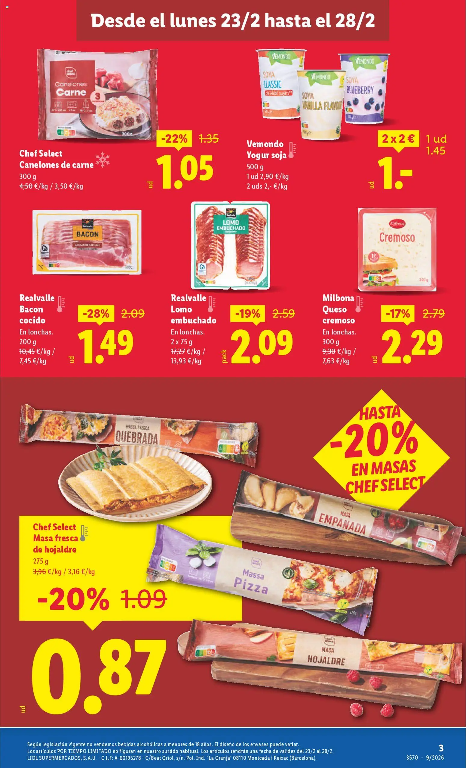 Lidl - Cartagena Mandarache │ válido desde el 23.02.2026 | Página: 3 | Productos: Queso, Yogur, Pizza, Canelones