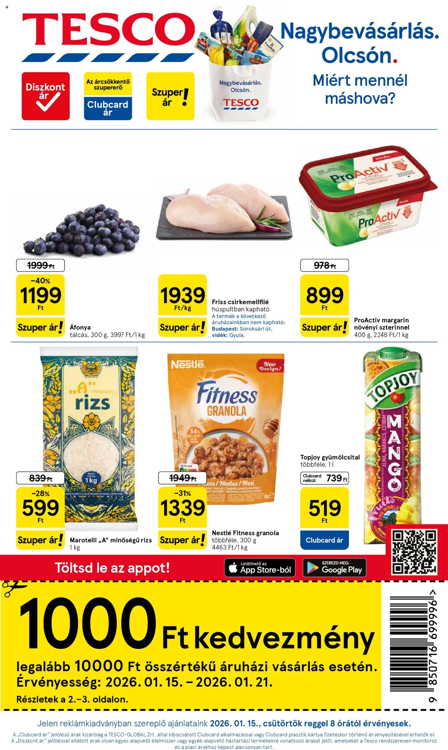 Tesco akciós ujság - amely érvényes a következő dátumtól: 15.01.2026 | Oldal: 1 | Termékek: Gyümölcsital, Margarin, Rizs, Citrom