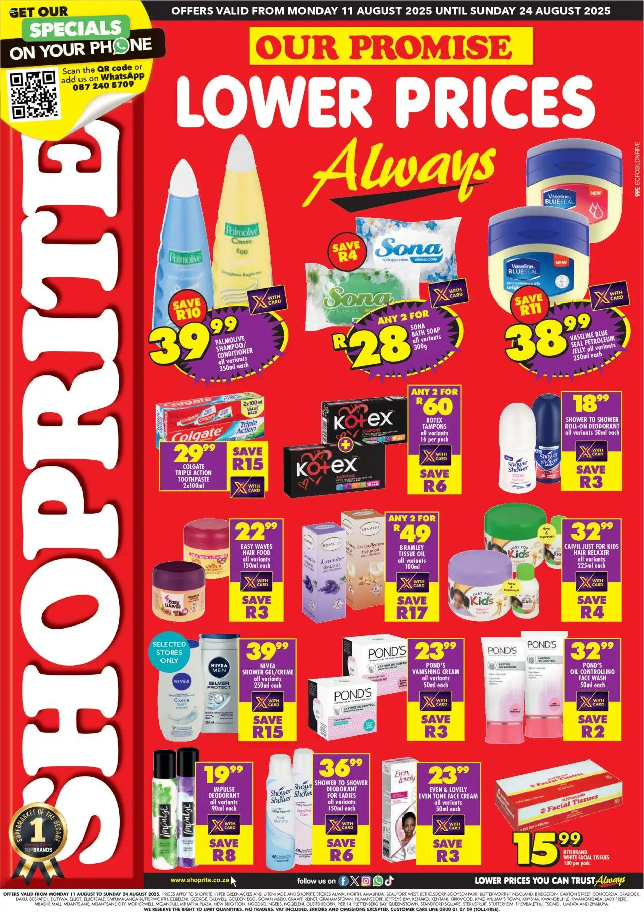 Shoprite Eastern Cape - Personal Care Deals │ valid from 11.08.2025 | Page: 1 | Products: Shower, Cream, Deodorant, Tissues
