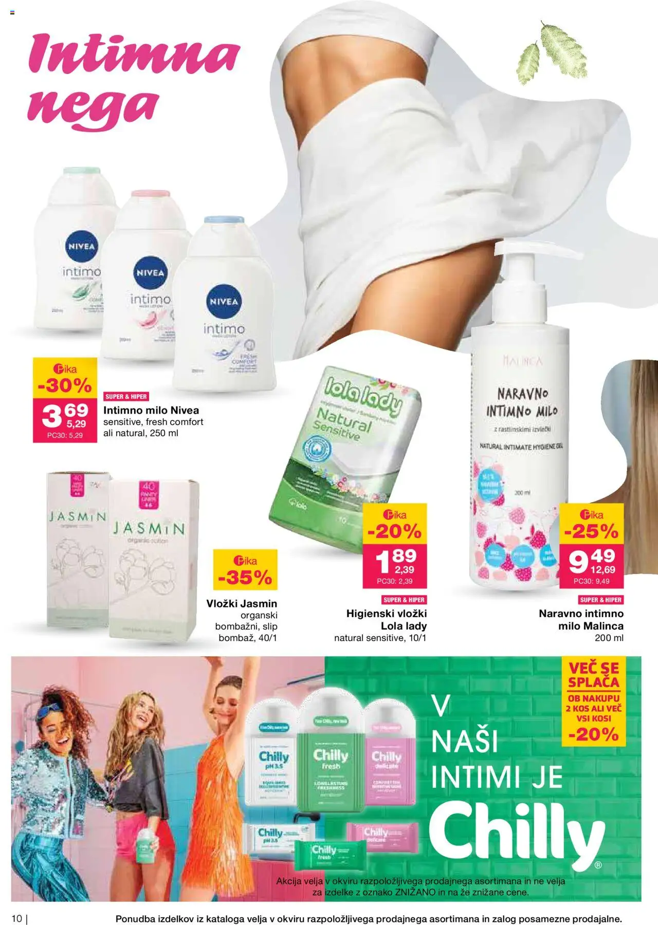 Mercator katalog nega za vso družino │ velja od 27.08.2025 | Stran: 10 | Izdelki: Intimno milo, Vložki, Kos, Milo