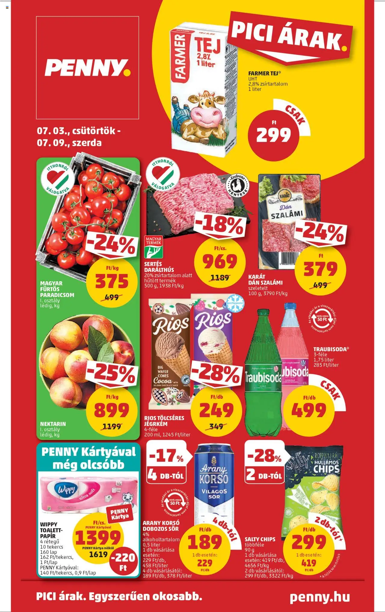 PENNY akciós ujság - amely érvényes a következő dátumtól: 03.07.2025 | Oldal: 1 | Termékek: Nektarin, Chips, Szalámi, Dobozos sör