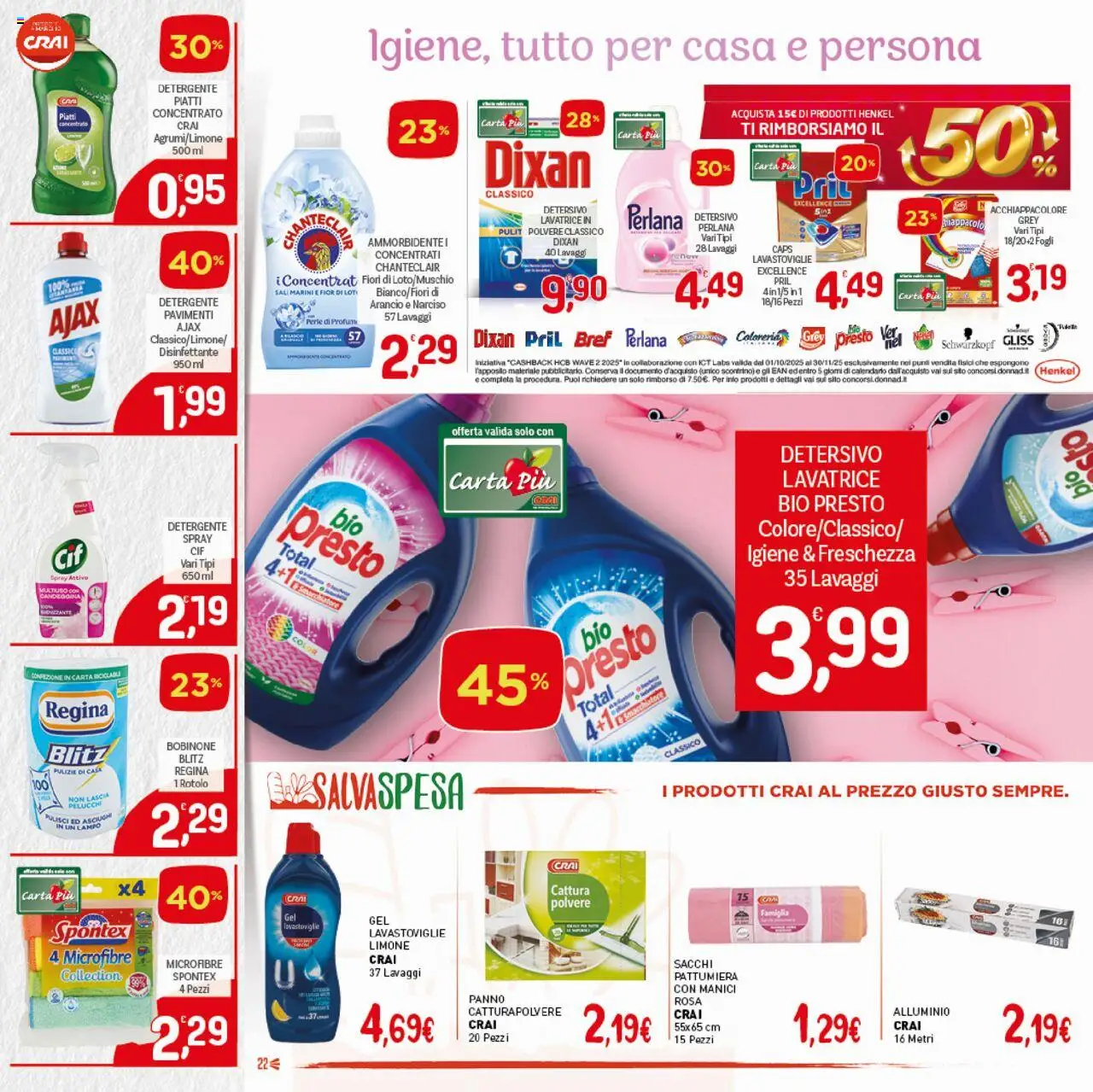 Volantino CRAI del 02.10.2025 | Pagina: 22 | Prodotti: Ammorbidente, Detergente, Candeggina, Lavatrice