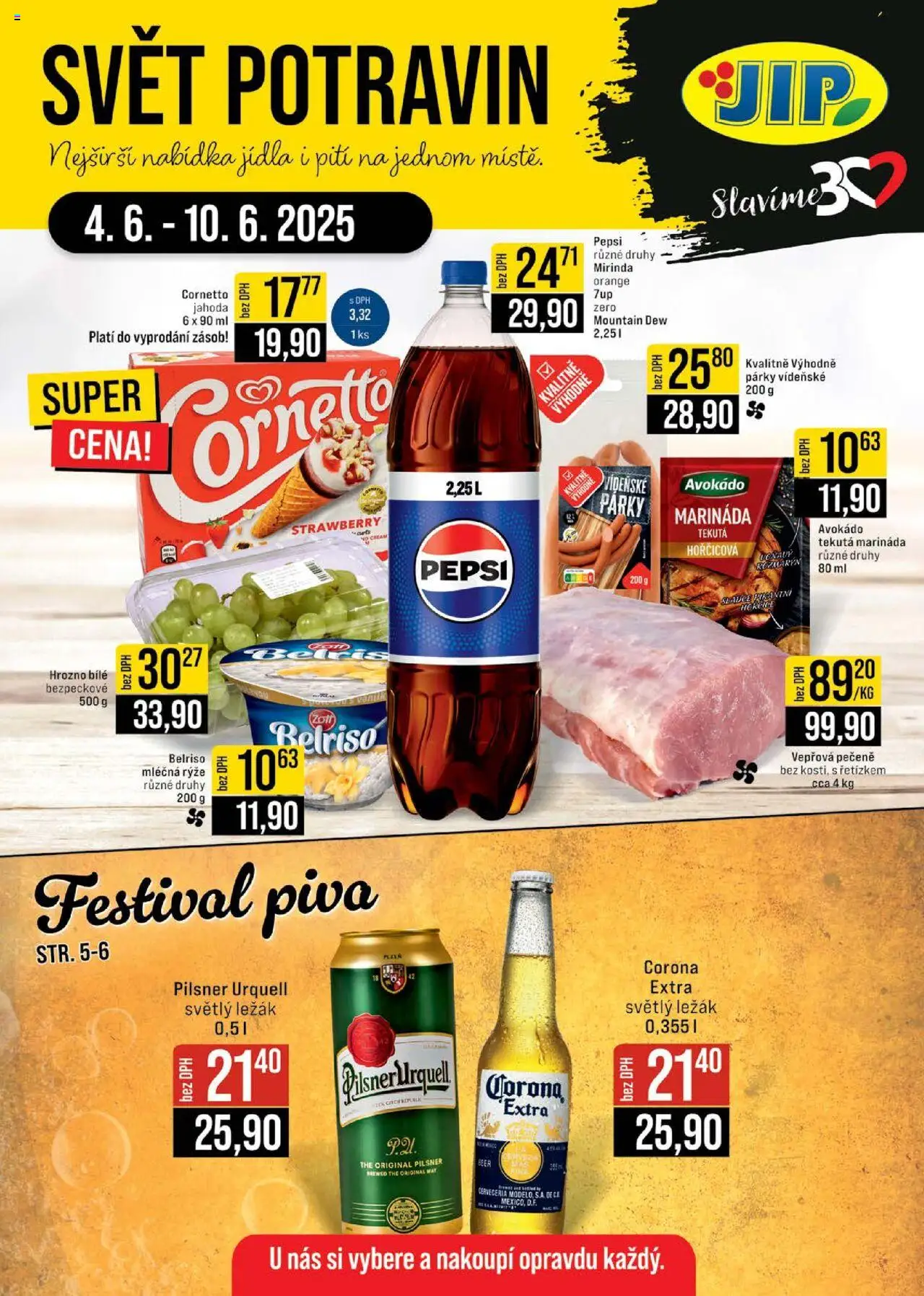 Jip leták - Brno, Ostrava, Praha od 04.06.2025 | Strana: 1 | Produkty: Rýže, Párky, Pilsner, Mirinda