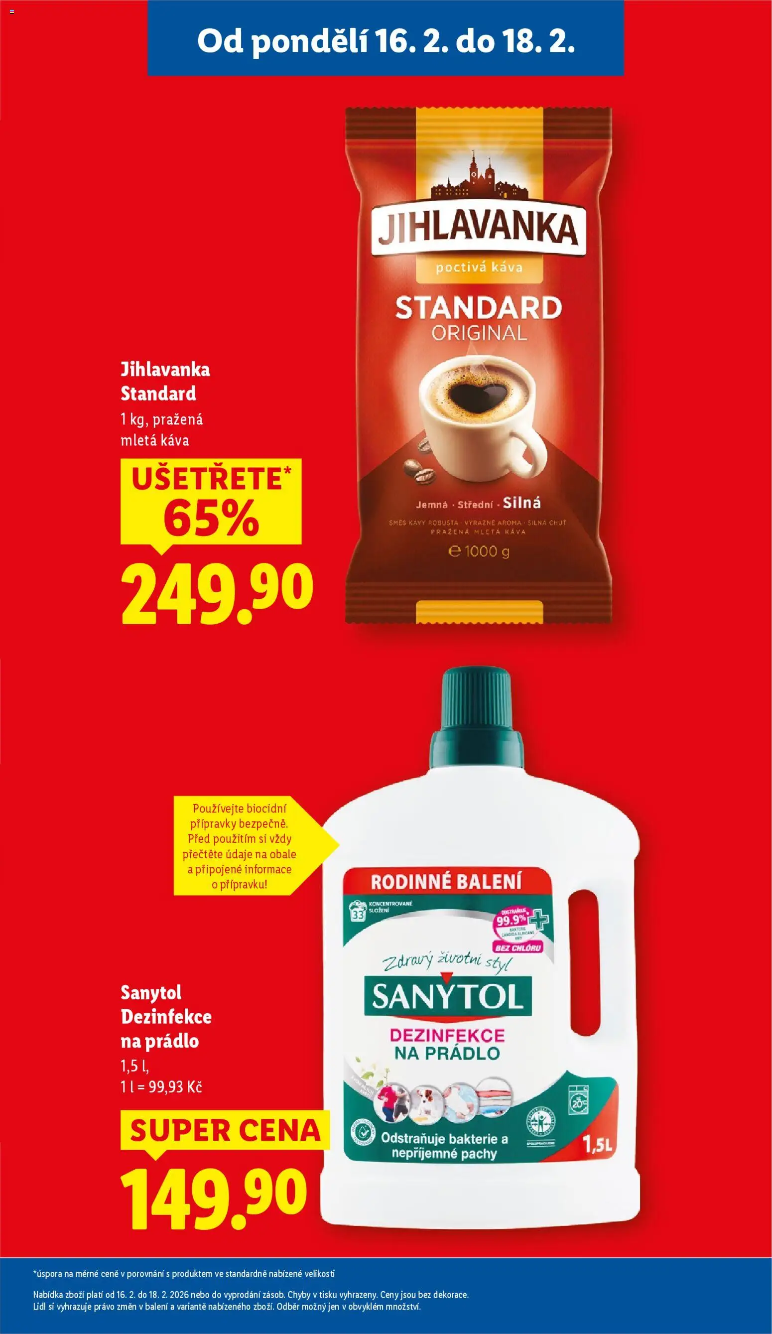 Lidl leták od 16.02.2026 | Strana: 5 | Produkty: Dezinfekce na prádlo, Káva Standard, Jihlavanka, Mletá káva