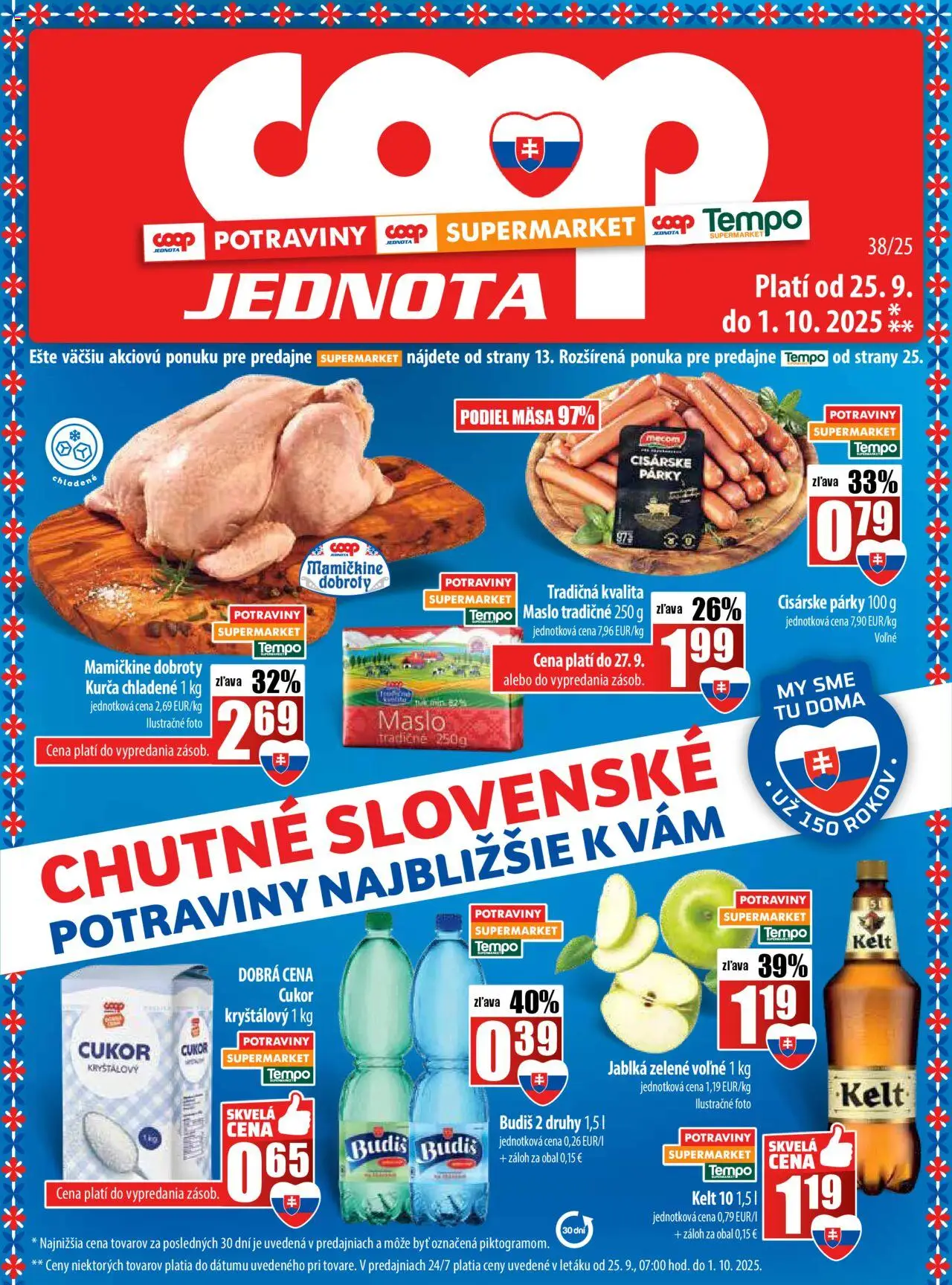Nové COOP Jednota akcie – leták je platný od 25.09.2025 | Strana: 1 | Produkty: Maslo, Jablká, Kelt, Cukor