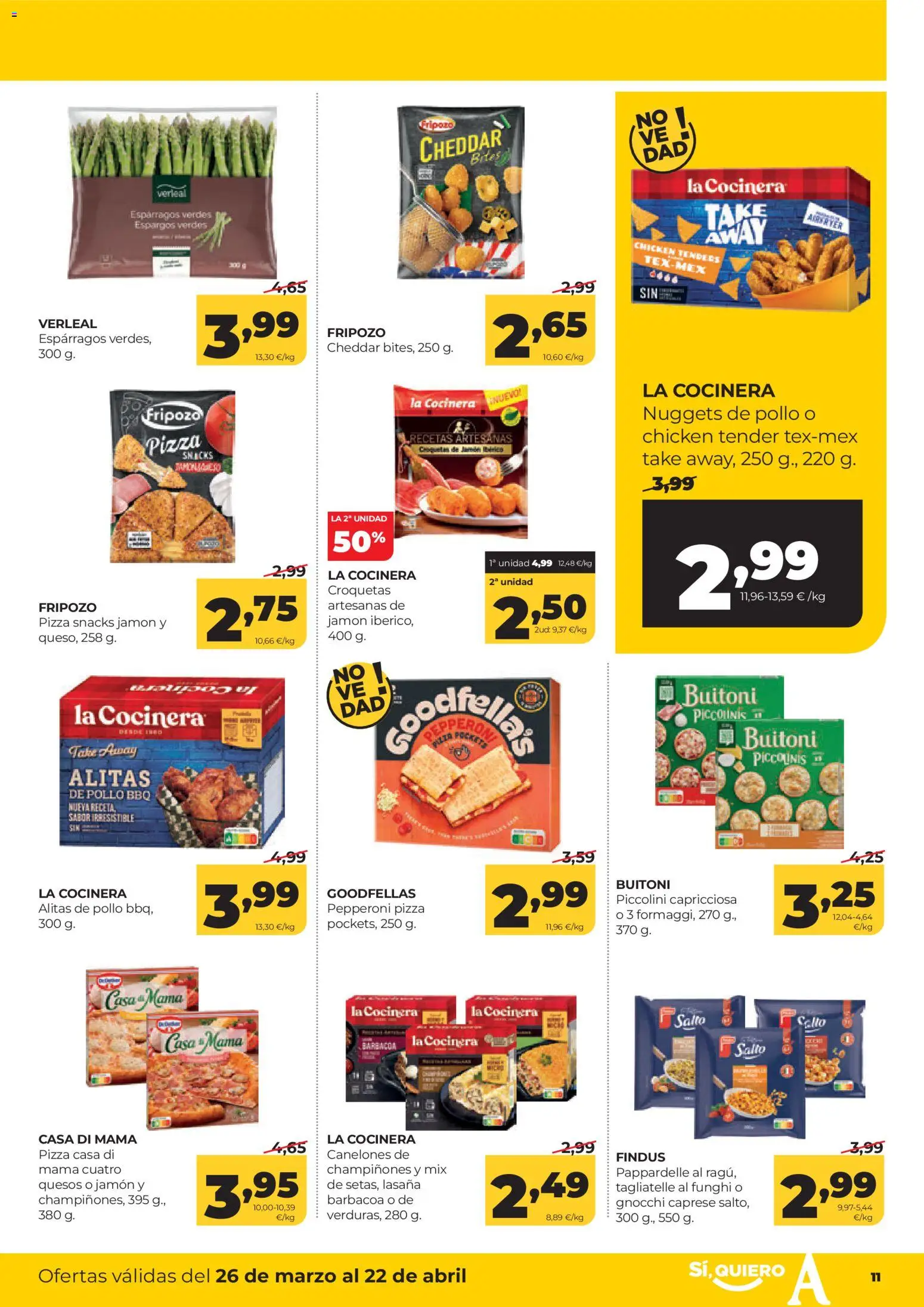 Alimerka Mensual del 26 de marzo al 22 de abril Castilla y León │ válido desde el 26.03.2026 | Página: 11 | Productos: Jamón, Pizza, Νερό καρύδας, Nuggets