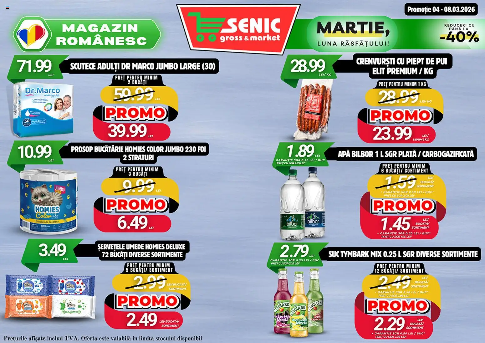 Noul catalog Senic – valabil de la 02.03.2026 | Pagină: 6 | Produse: Hacıyatmaz Kedi Oyuncağı, Mere, Scutece, Apă