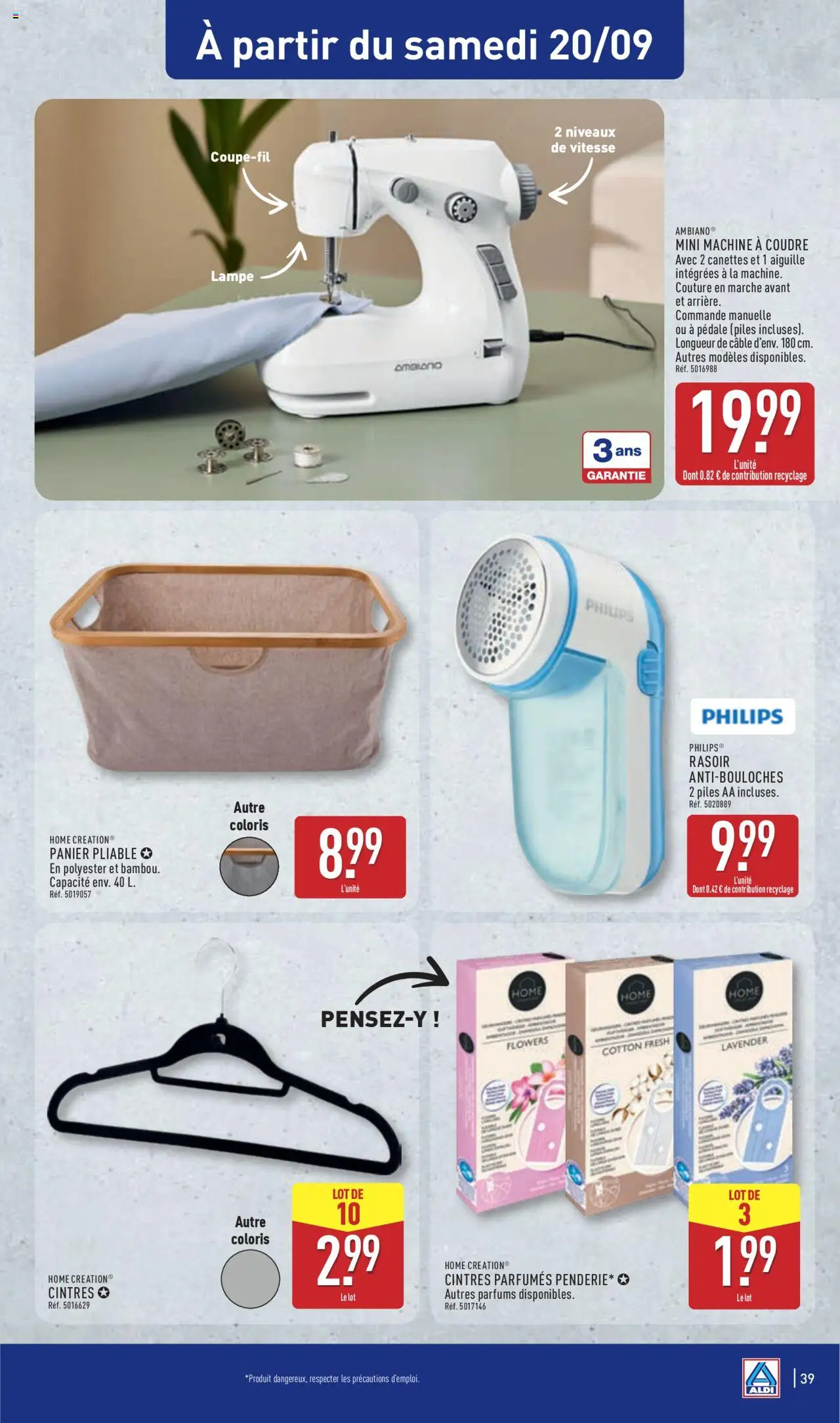  | Page: 42 | Produits: Machine à coudre, Panier, Lampe, Piles