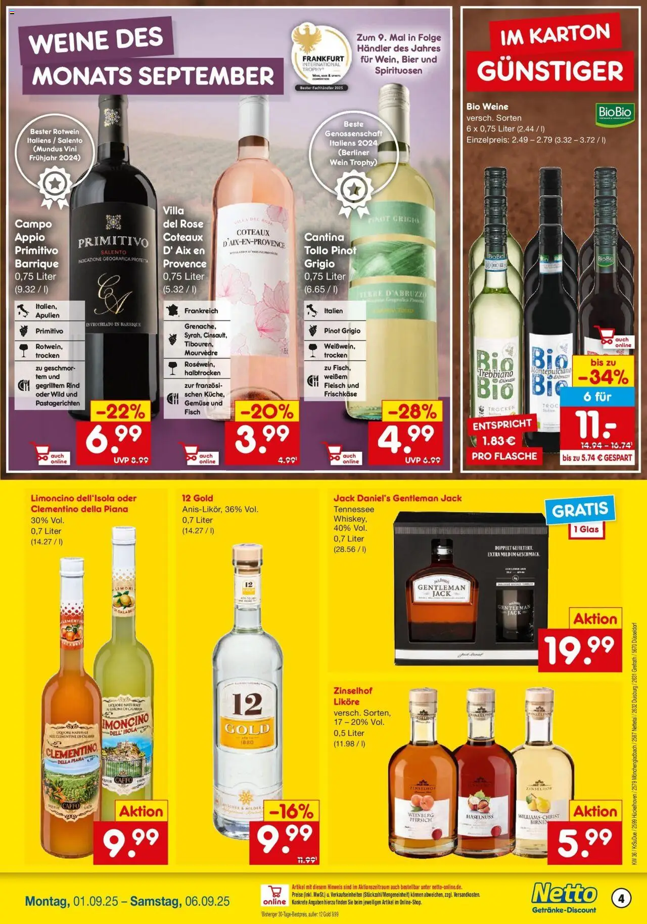 Netto Marken-Discount prospekt Mönchengladbach	 – gültig ab 01.09.2025 | Seite: 4 | Produkte: Berliner, Bier, Wein, Frischkase