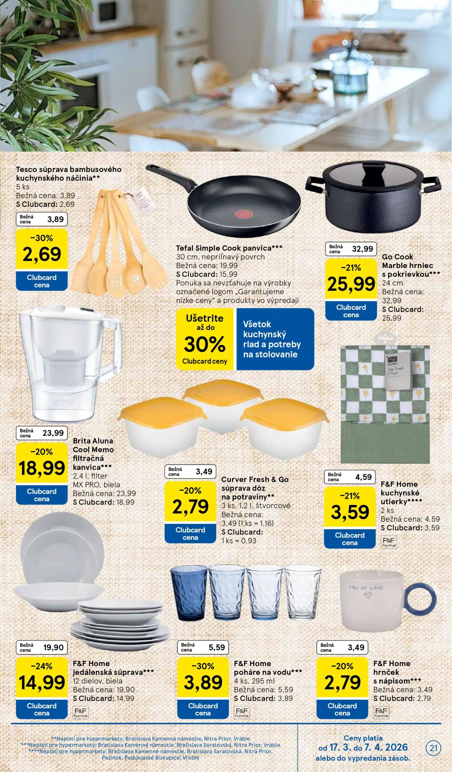 Nové Tesco akcie – leták je platný od 31.03.2026 | Strana: 21 | Produkty: Filtračná kanvica, Kanvica, Panvica, Tefal