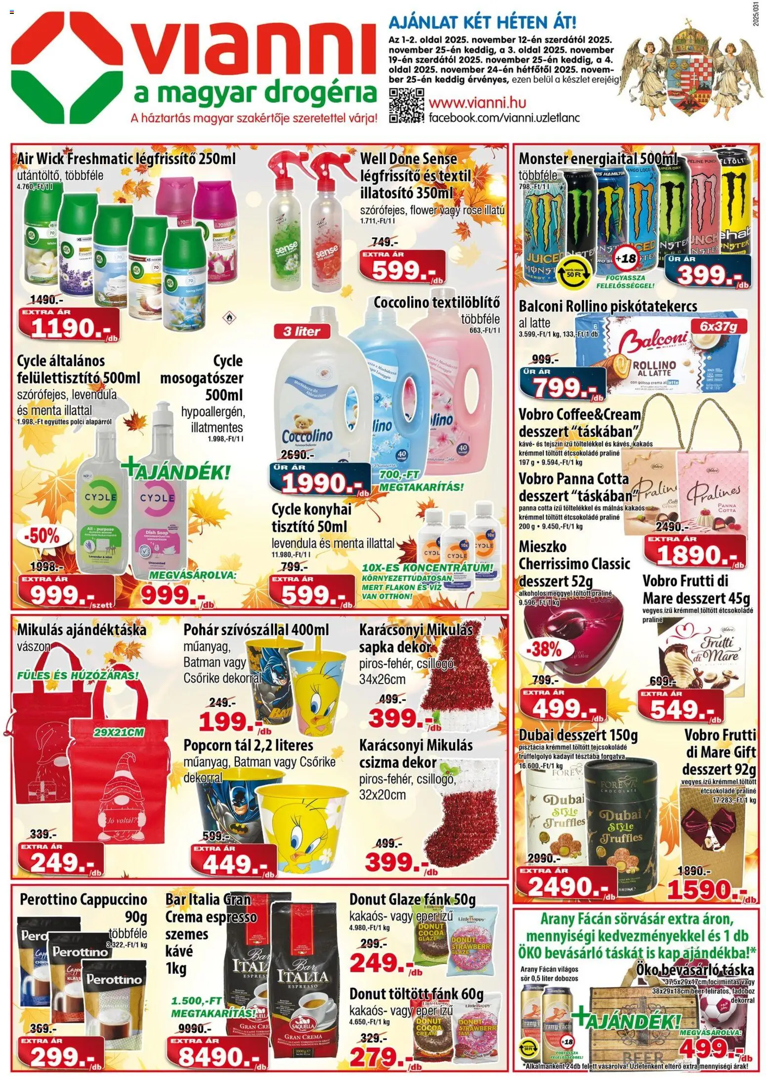 Vianni akciós ujság - amely érvényes a következő dátumtól: 12.11.2025 | Oldal: 1 | Termékek: Csizma, Energiaital, Sör, Mosogatószer