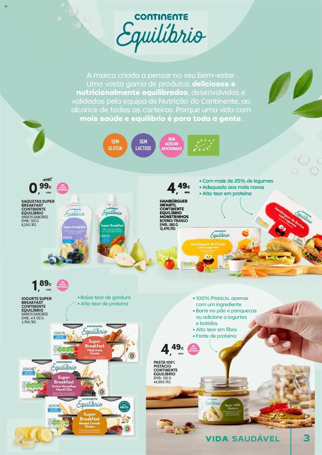 Continente - Vida Saudável: É de quem quer comer bem sem ginástica na carteira │ válido de 21.10.2025 | Página: 3 | Produtos: Panquecas, Quinoa, Iogurte, Bebida