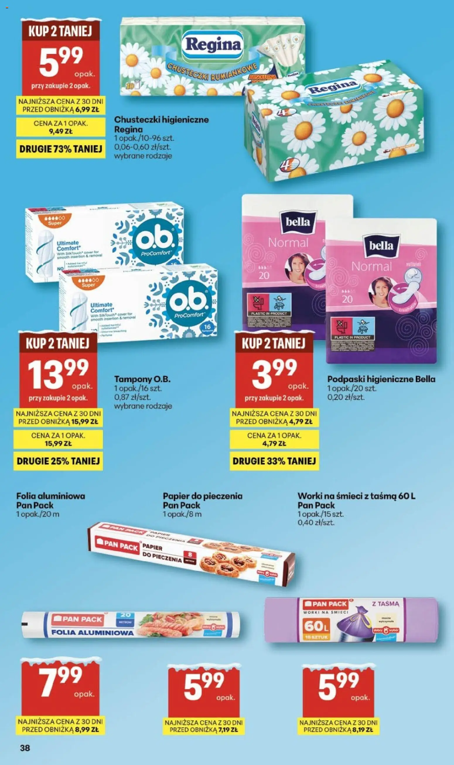 Delikatesy Centrum Gazetka od 08.01.2026 | Strona: 38 | Produkty: Tampony, Papier do pieczenia, Chusteczki higieniczne, Podpaski