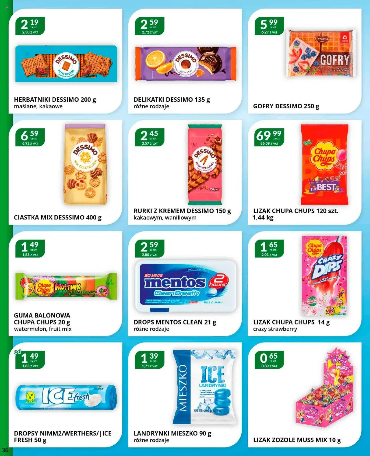 Eurocash Gazetka od 22.09.2025 | Strona: 36 | Produkty: Rurki z kremem, Lizak Chupa Chups, Herbatniki, Ciastka