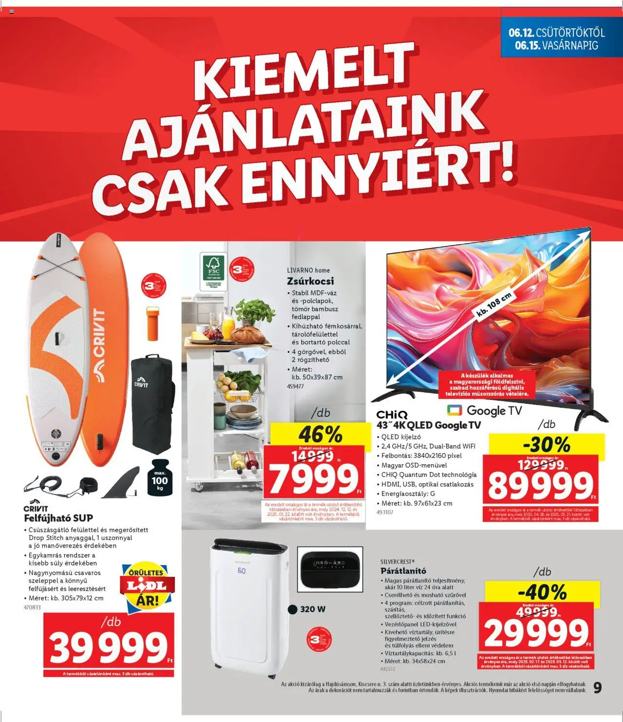 Lidl akciós ujság - amely érvényes a következő dátumtól: 12.06.2025 | Oldal: 9 | Termékek: Zsúrkocsi, TV, Smart tv, Óra