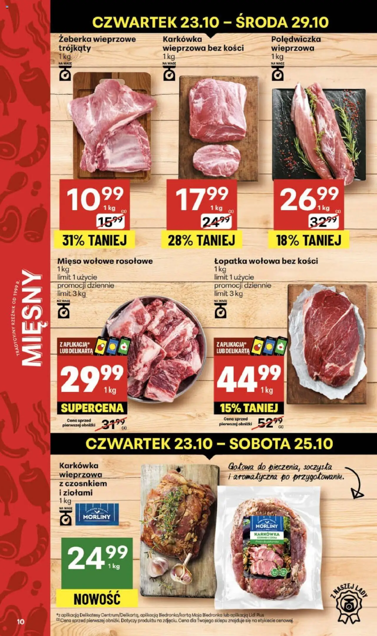 Delikatesy Centrum Gazetka od 23.10.2025 | Strona: 10 | Produkty: Karkówka, Mięso, Delikatesy
