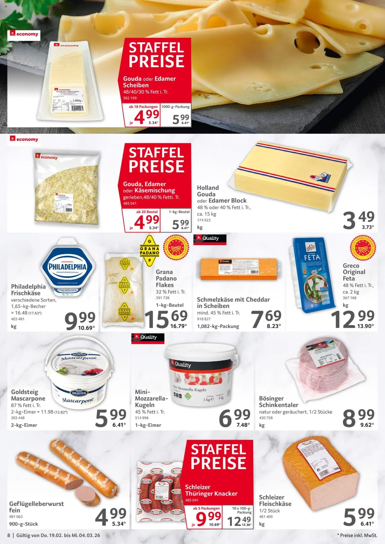 Selgros Gastronomie – gültig ab 19.02.2026 | Seite: 8 | Produkte: Philadelphia, Mozzarella, Gouda, Edamer