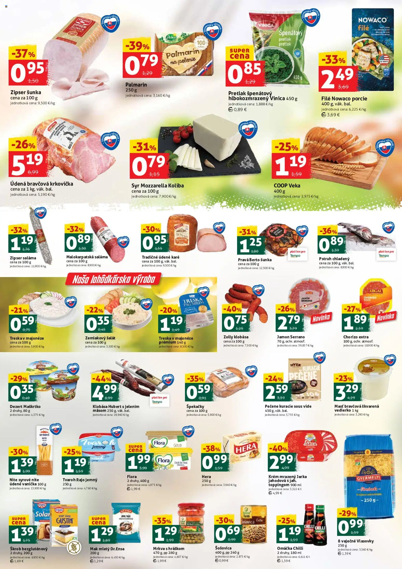 Nové COOP Jednota akcie – leták je platný od 02.04.2026 | Strana: 2 | Produkty: Saláma, Bravčová krkovička, Omáčka, Mak