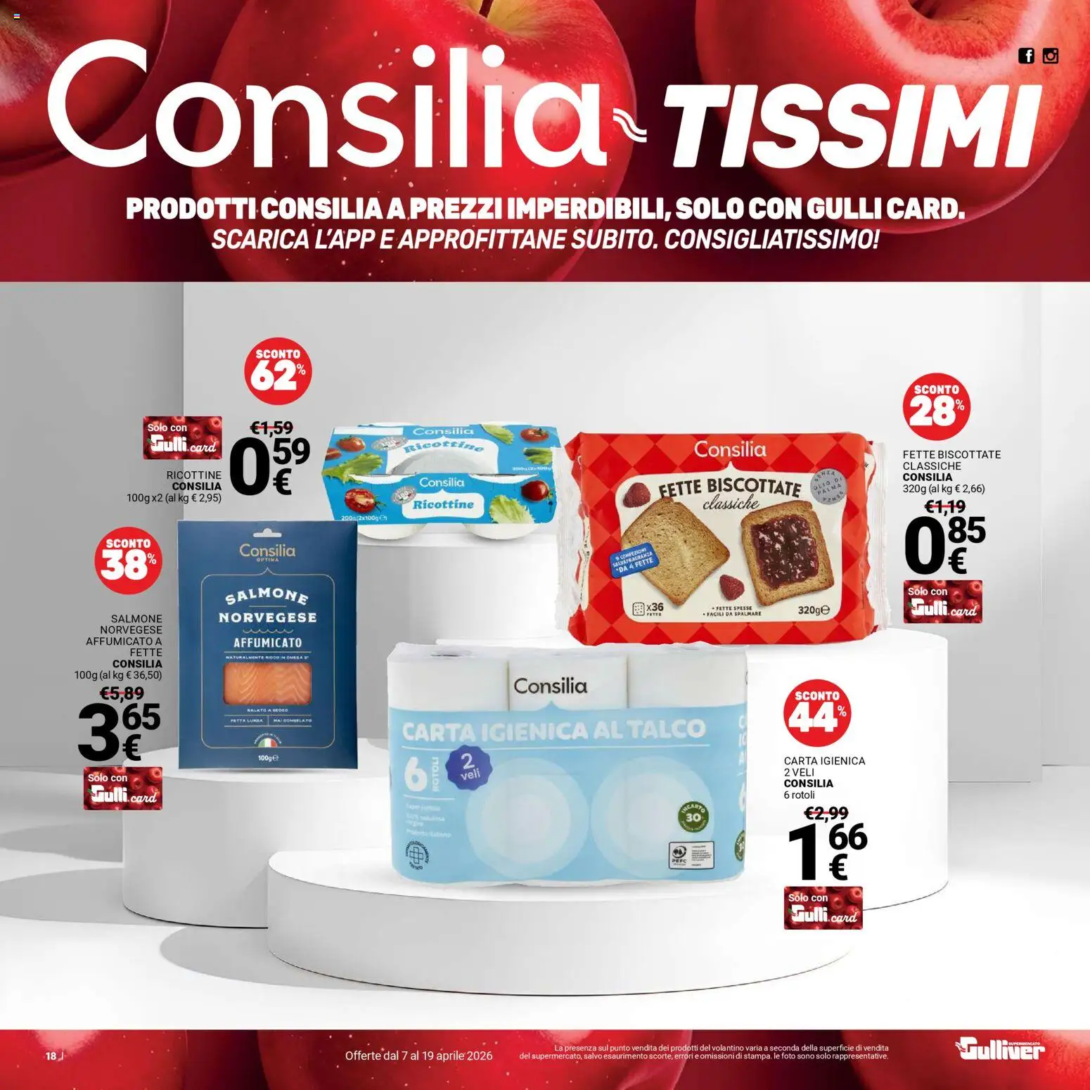 Volantino Gulliver del 07.04.2026 | Pagina: 18 | Prodotti: Carta igienica, Salmone, Talco, Fette biscottate