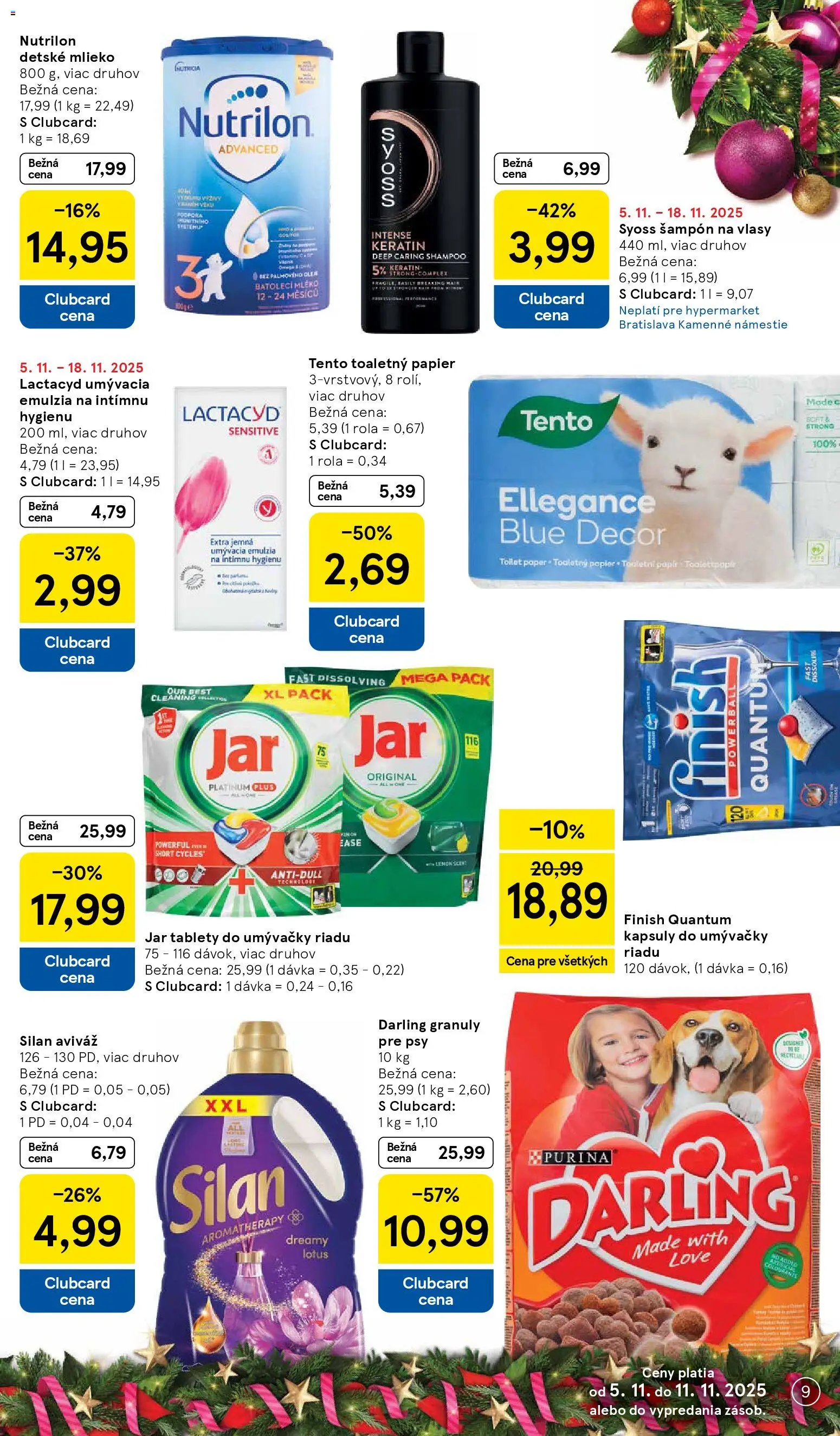 Nové Tesco akcie – leták je platný od 05.11.2025 | Strana: 9 | Produkty: Toaletný papier, Kapsuly do umývačky riadu, Jar, Lactacyd