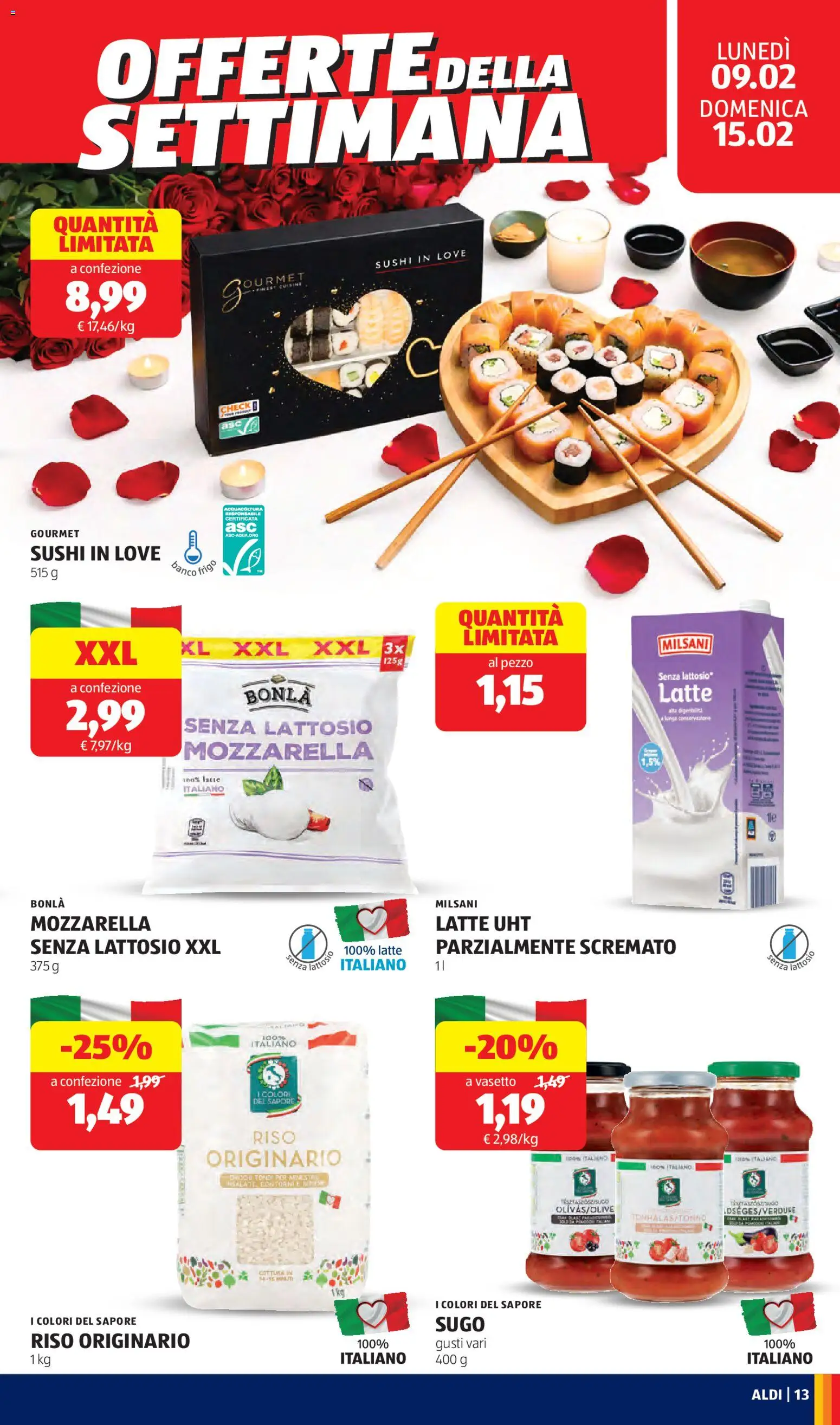Volantino Aldi del 09.02.2026 | Pagina: 13 | Prodotti: Riso, Mozzarella, Sugo, Sushi