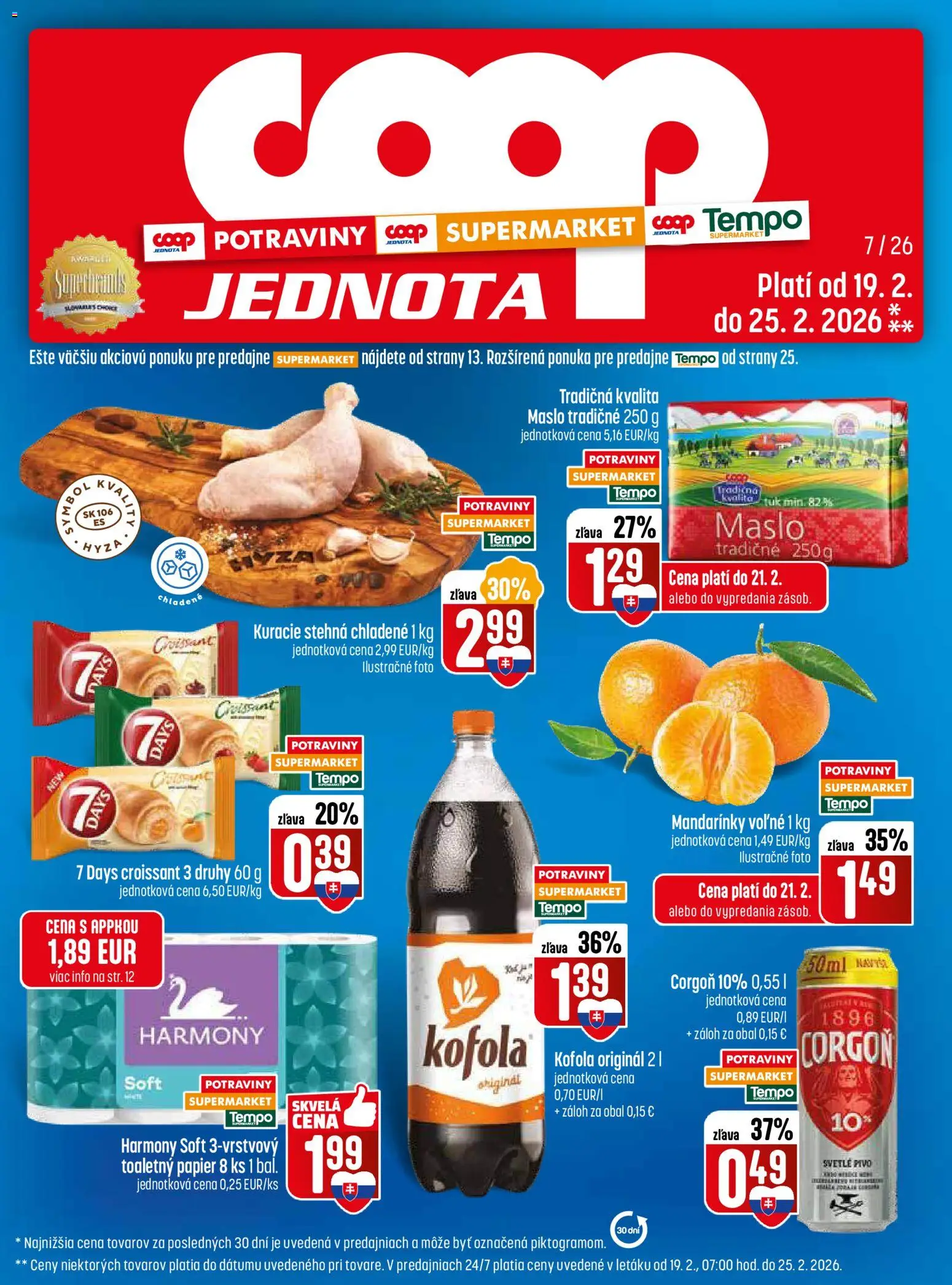 Nové COOP Jednota akcie – leták je platný od 19.02.2026 | Strana: 1 | Produkty: Pivo, Croissant, Kofola, Kuracie stehná