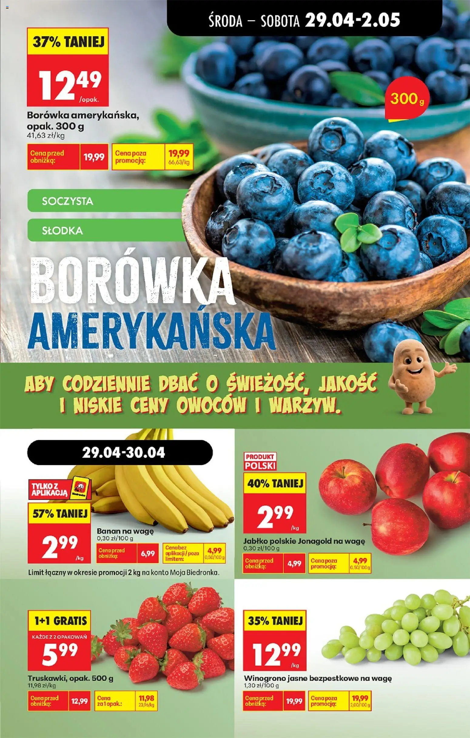 Biedronka gazetka od środy od 29.04.2026 | Strona: 45 | Produkty: Winogrono, Borówka amerykańska, Banan, Truskawki