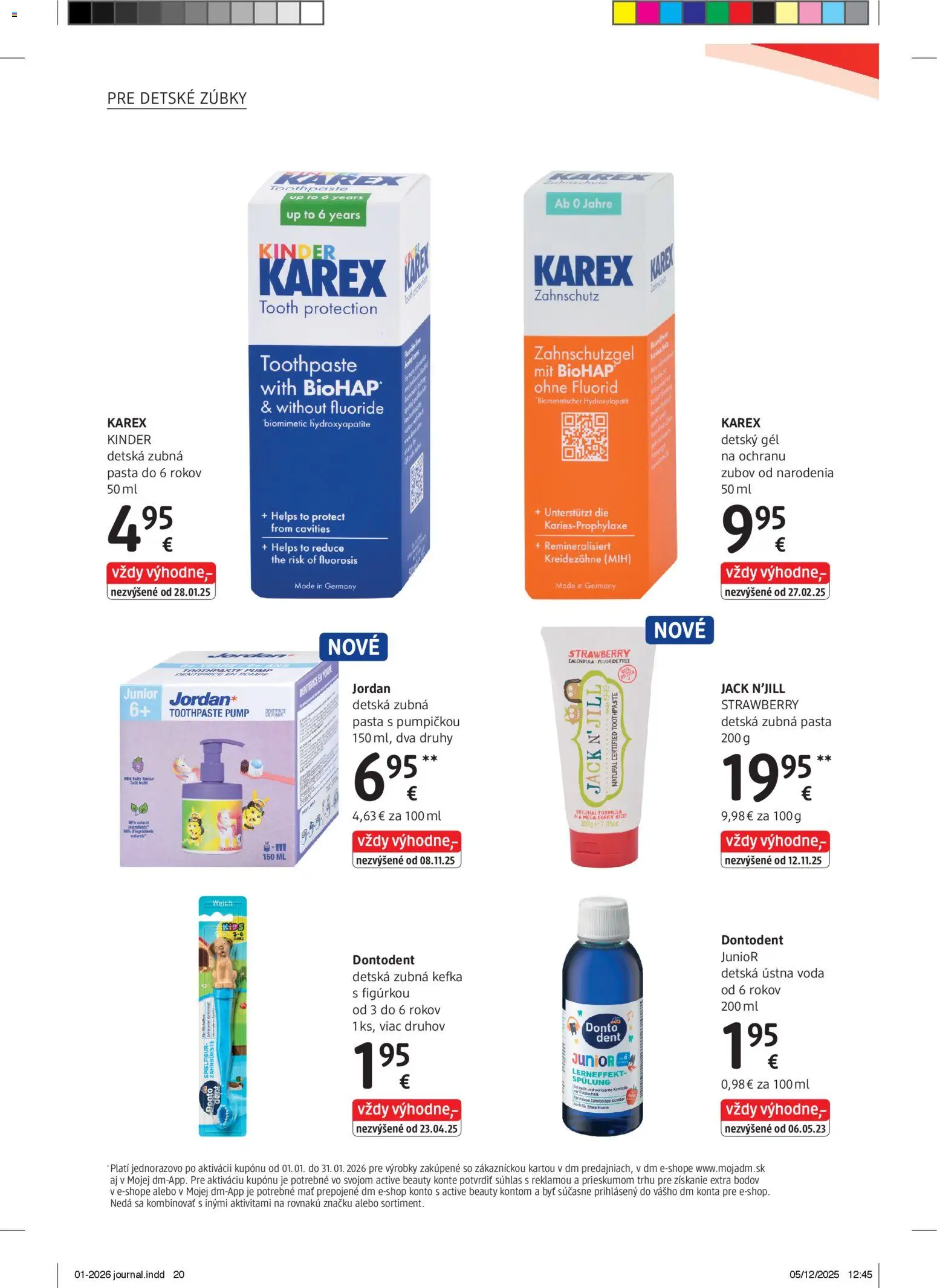 Nové dm drogerie akcie – leták je platný od 01.01.2026 | Strana: 20 | Produkty: Zubná kefka, Zubná pasta, Voda