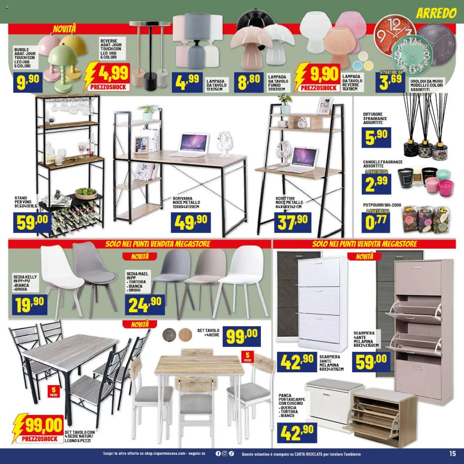 Volantino RisparmioCasa del 26.02.2026 | Pagina: 15 | Prodotti: Panca, Cuscino, Scrivania, Lampada