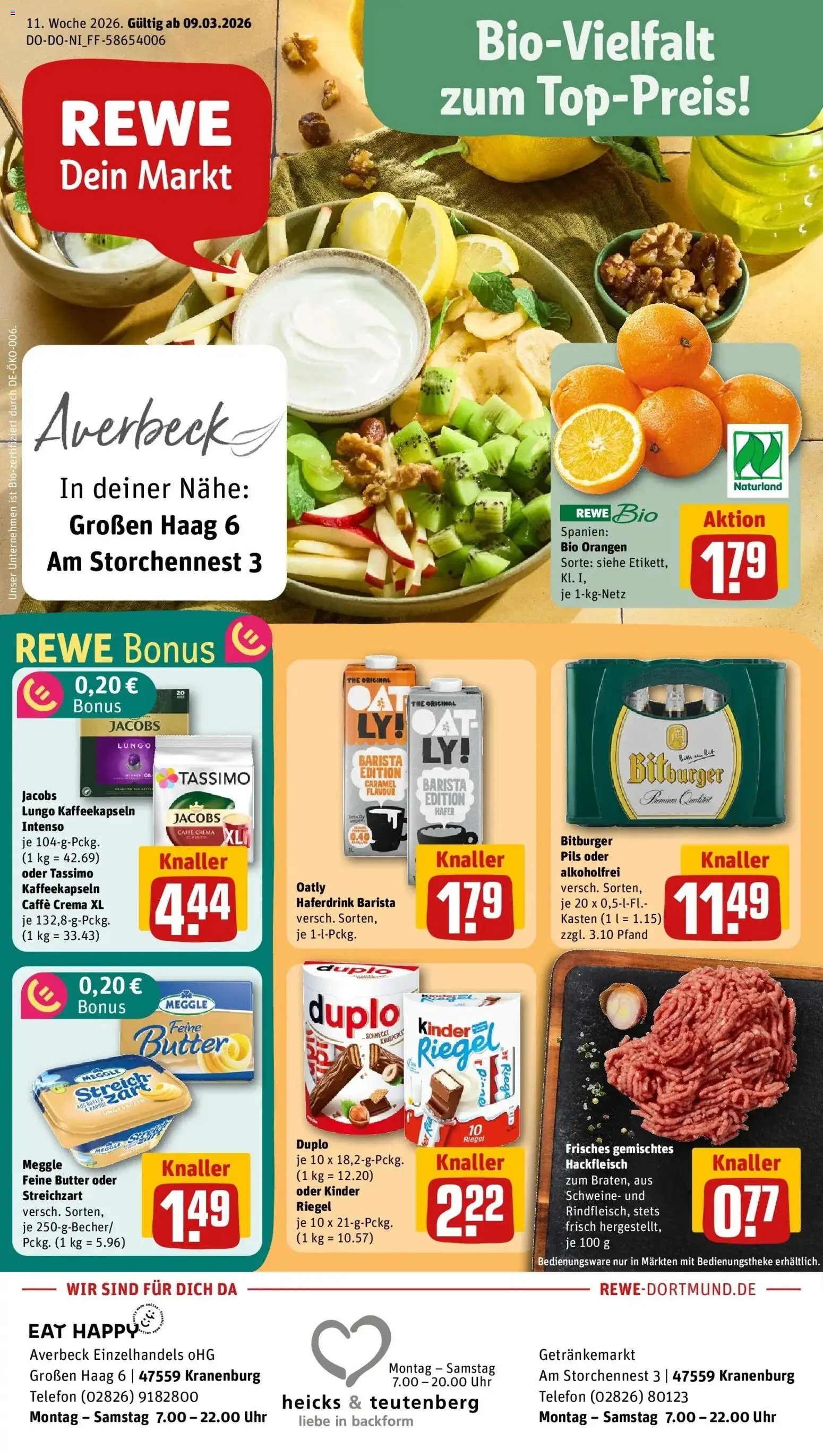 Rewe Prospekt Kranenburg	 – gültig ab 09.03.2026 | Seite: 1 | Produkte: Bitburger, Kinder riegel, Oatly, Hackfleisch