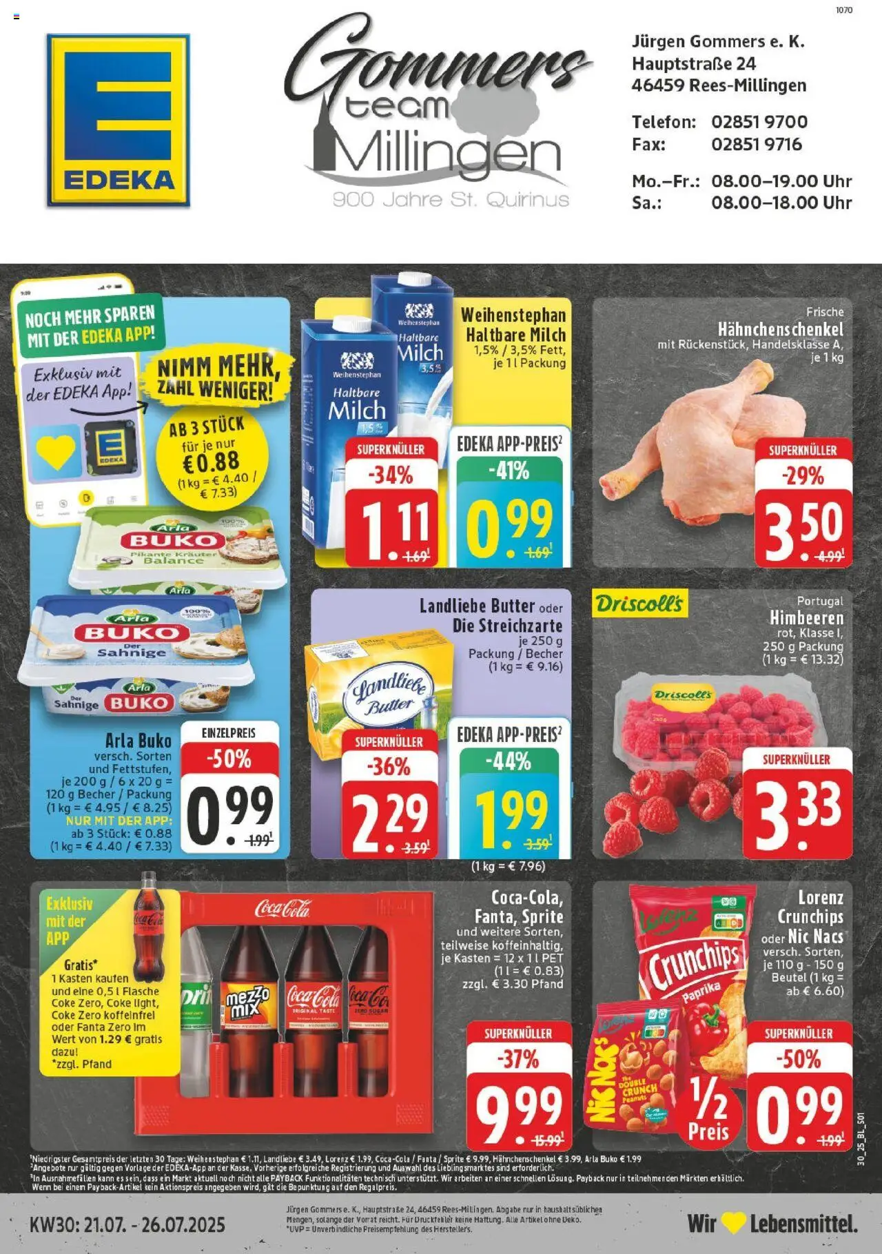 Edeka prospekt Rees-Millingen	 - gültig ab dem 20.07.2025 | Seite: 1 | Produkte: Coca cola, Sprite, Butter, Uhr