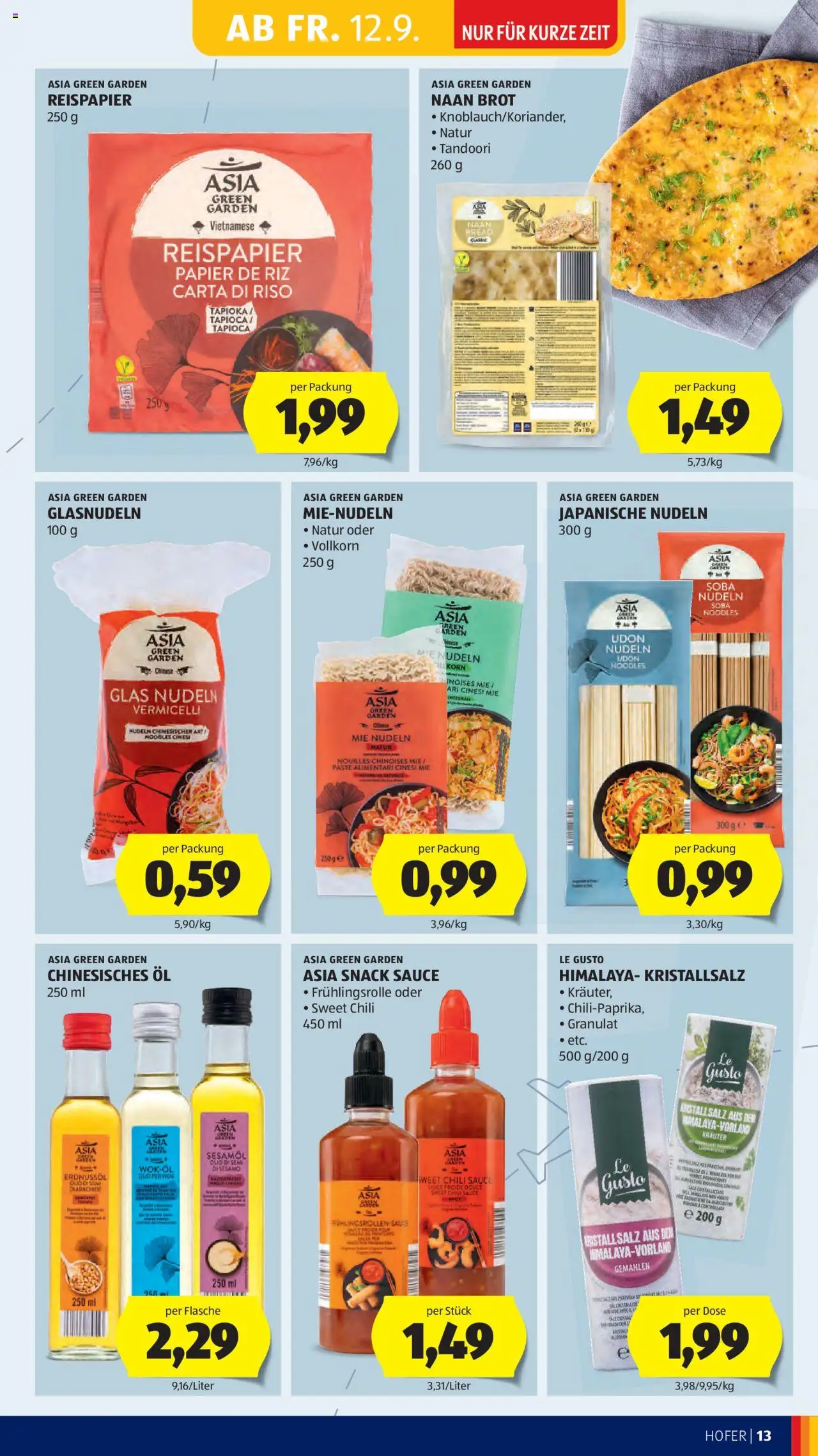Hofer Flugblatt gültig ab 12.09.2025 | Seite: 15 | Produkte: Salz, Chili, Brot, Nudeln