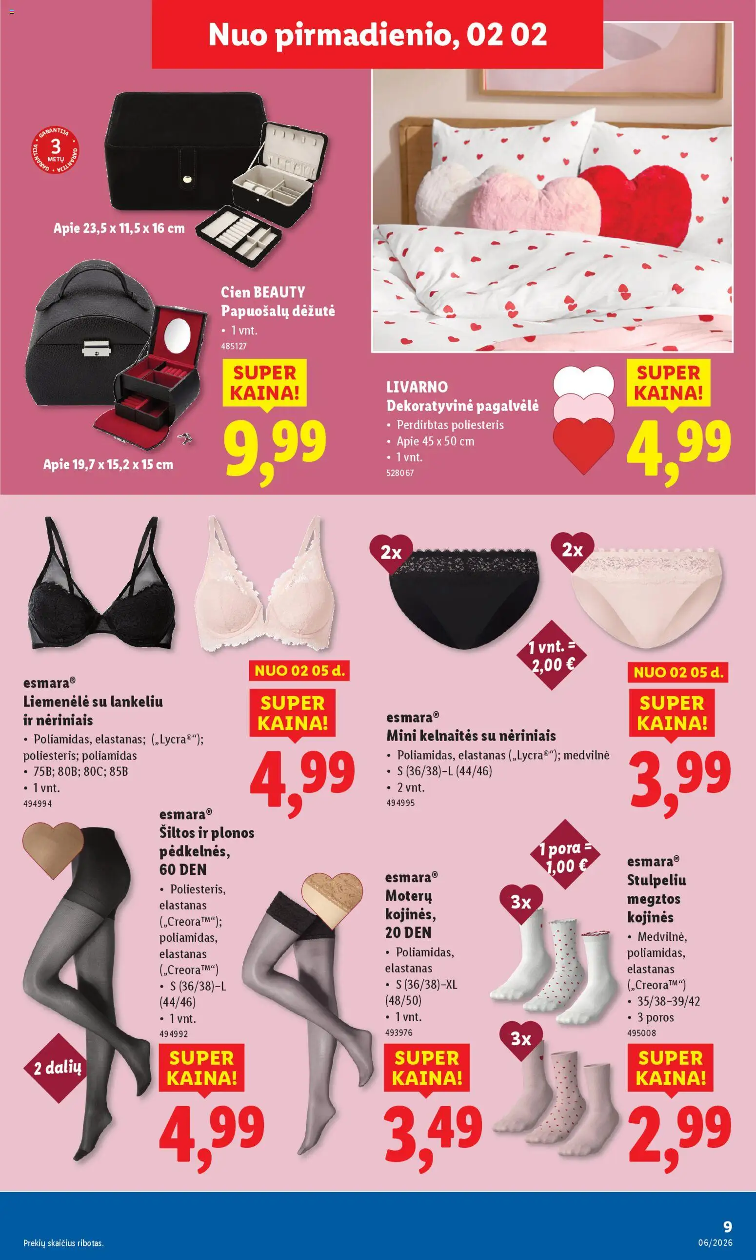 LIDL akcijos nuo 02.02.2026 | Puslapis: 9 | Prekių: Pagalvėlė, Kelnaitės, Liemenėlė, Kojinės