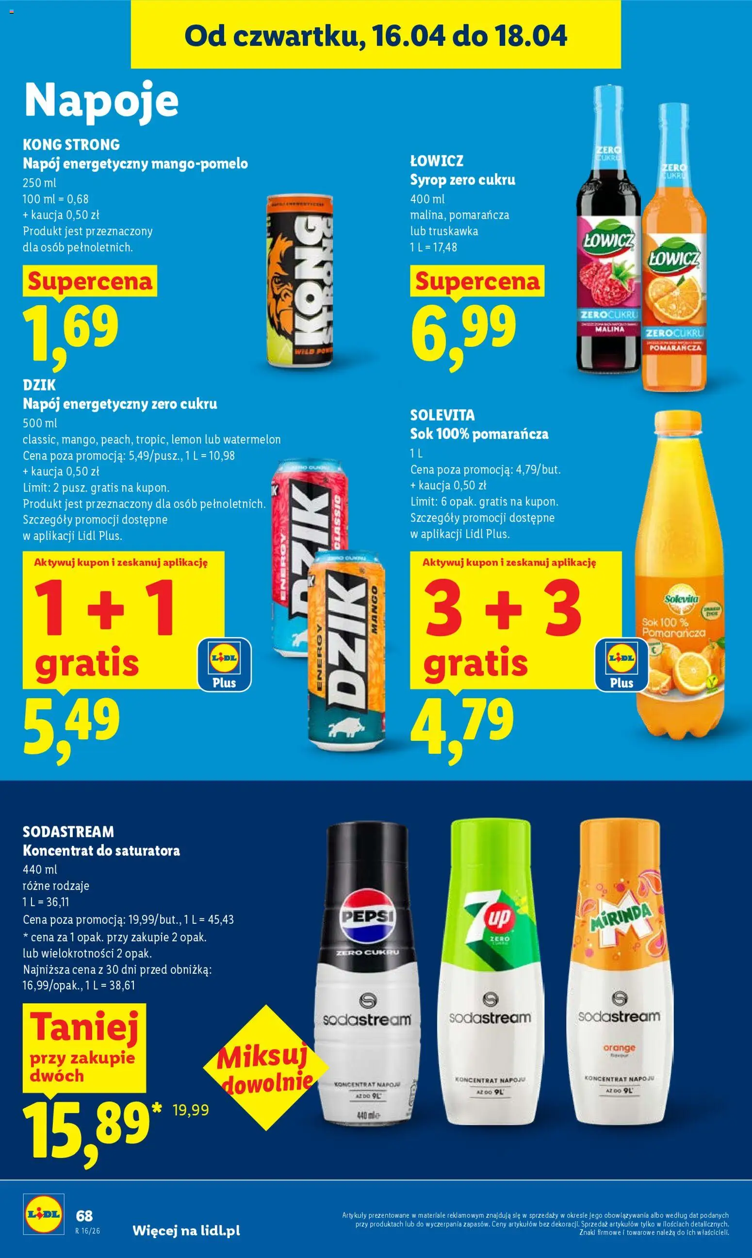 Lidl gazetka od 16.04.2026 | Strona: 68 | Produkty: Napoje, Pepsi, Sok, Sodastream