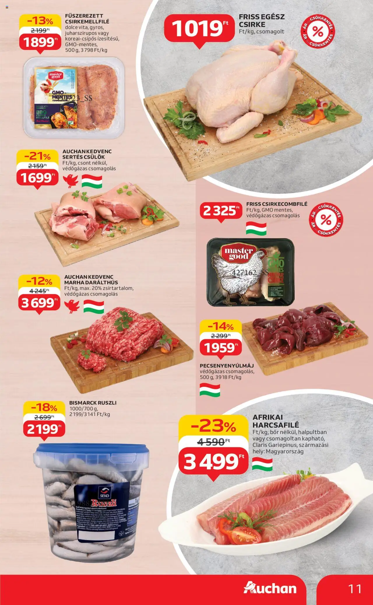 Auchan akciós ujság - amely érvényes a következő dátumtól: 07.08.2025 | Oldal: 11 | Termékek: Csirkecombfile, Afrikai harcsafilé, Bor