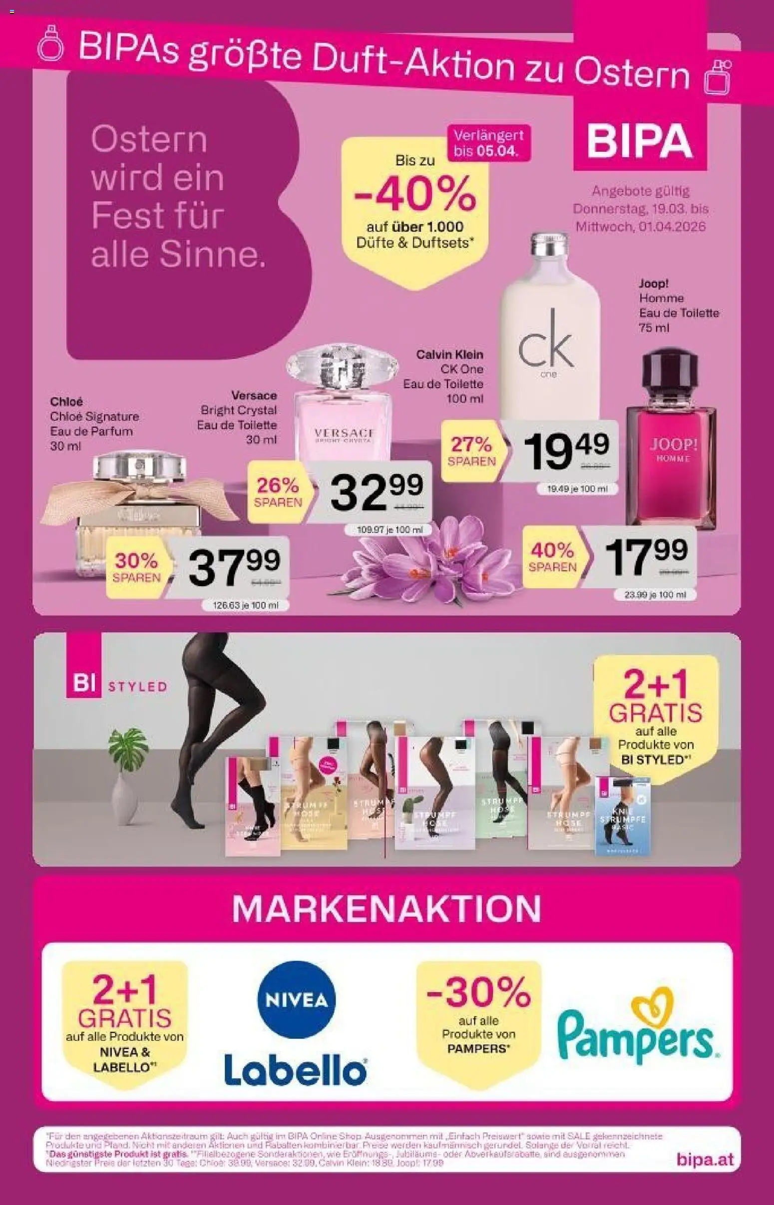 Bipa Flugblatt gültig ab 19.03.2026 | Seite: 1 | Produkte: Toilette, Parfüm, Eau de Toilette, Pampers