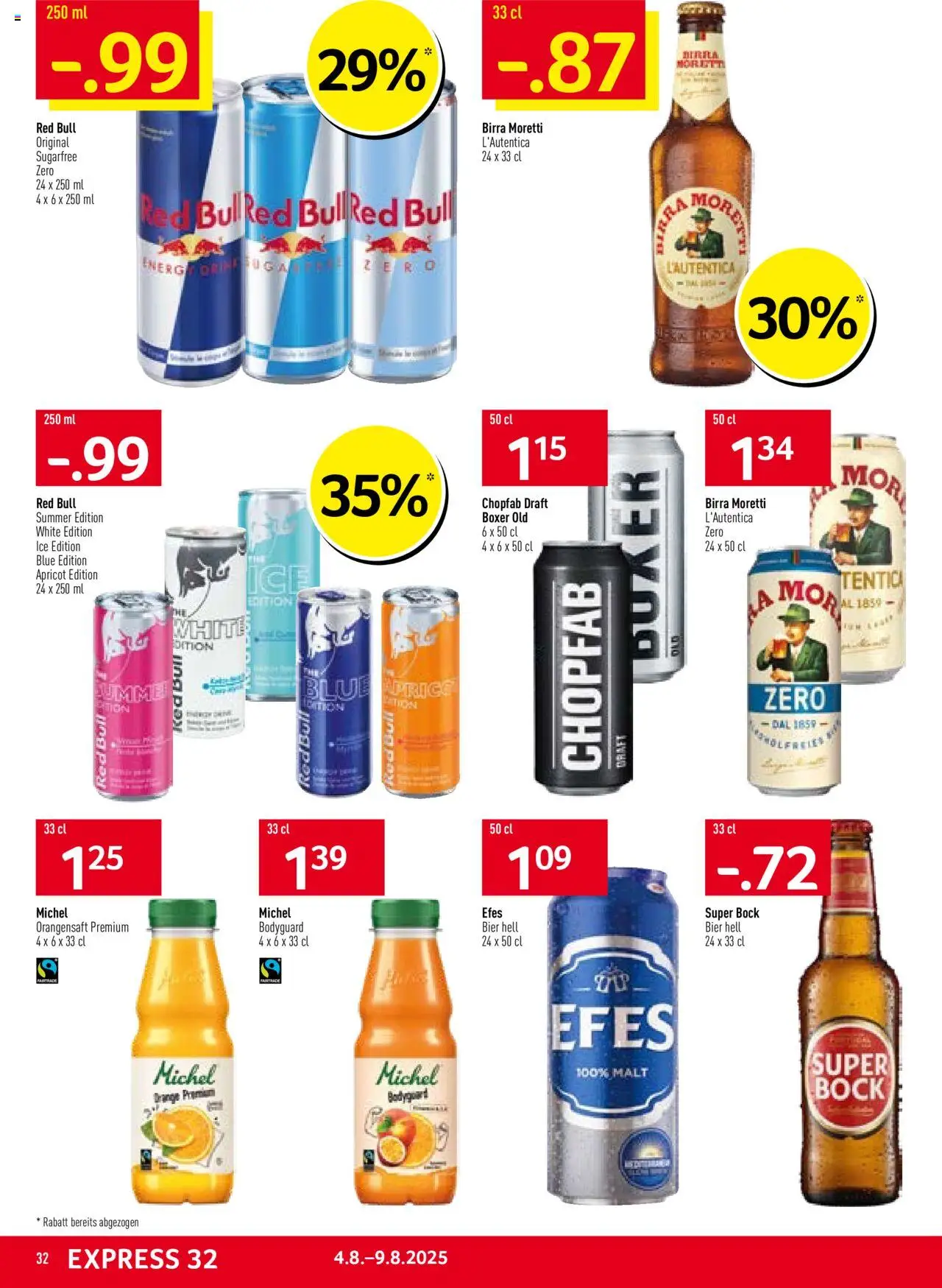 Prodega Aktionen ab 04.08.2025 | Seite: 32 | Produkte: Red bull, Orangensaft, Bier, Boxer