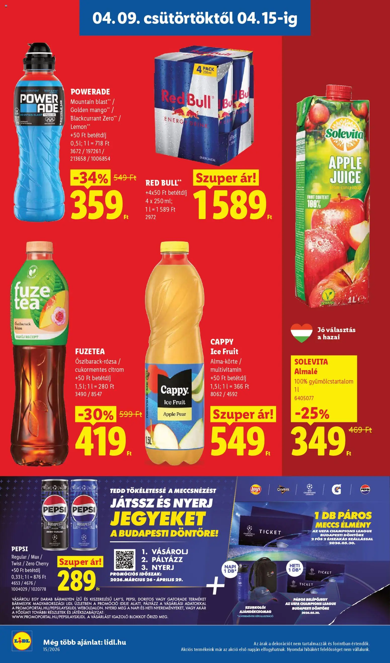 Lidl akciós ujság - amely érvényes a következő dátumtól: 09.04.2026 | Oldal: 14 | Termékek: Energiaital, Pepsi, Almalé, Citrom
