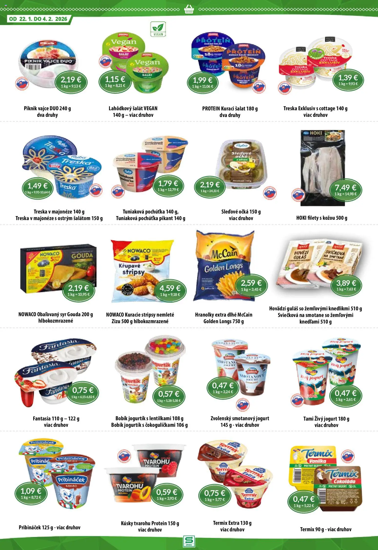 Nové Sintra akcie – leták je platný od 22.01.2026 | Strana: 4 | Produkty: Jogurt, Gouda, Šalát, Treska