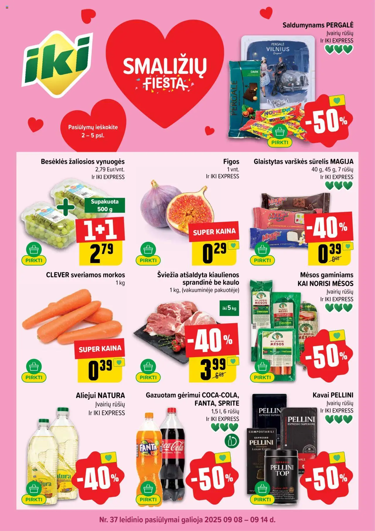 IKI akcijos nuo 08.09.2025 | Puslapis: 1 | Prekių: Sūrelis, Kiaulienos, Pica, Morkos