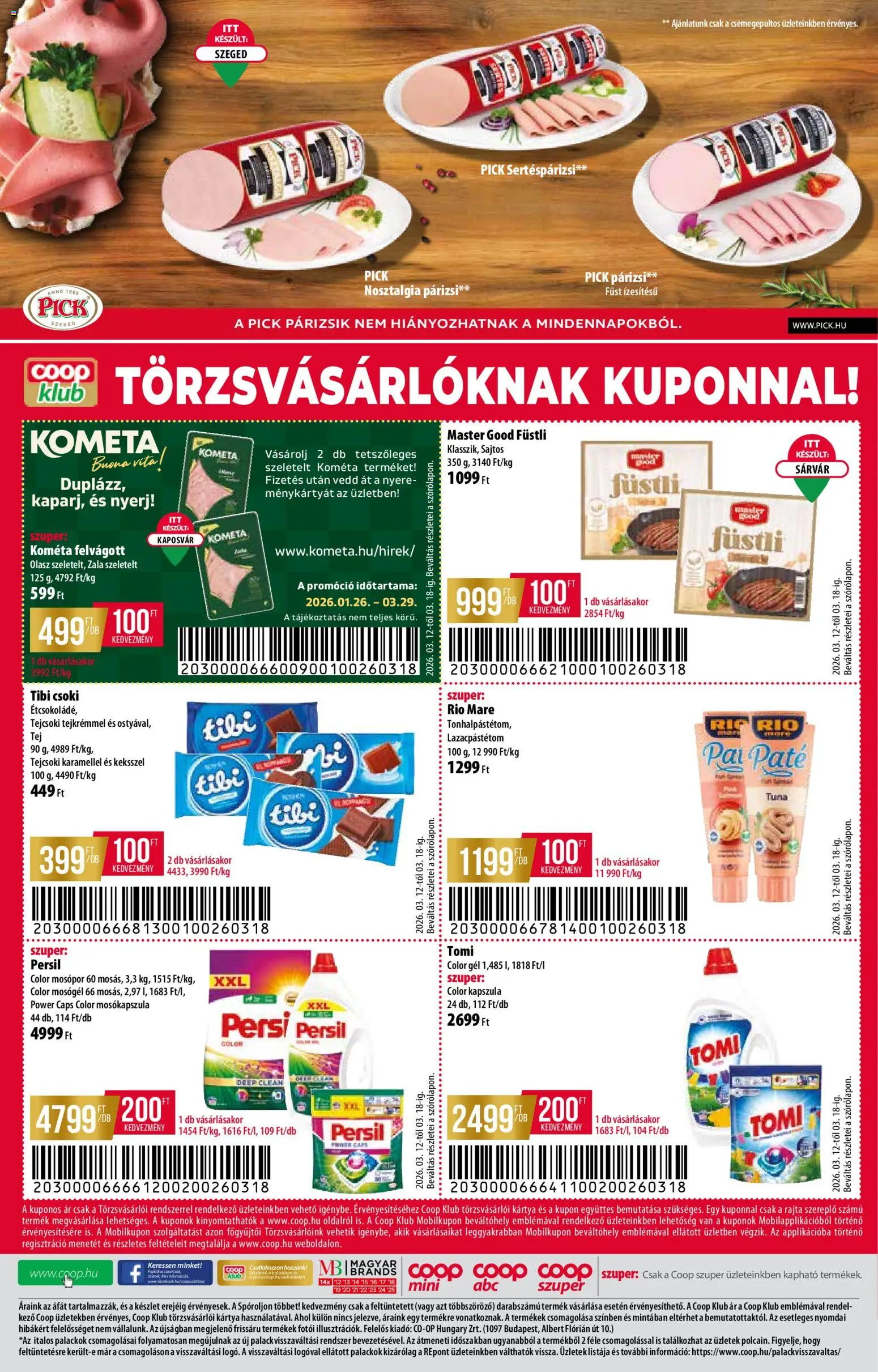 COOP akciós ujság - amely érvényes a következő dátumtól: 12.03.2026 | Oldal: 12 | Termékek: Persil, Pick, Mosópor, Párizsi