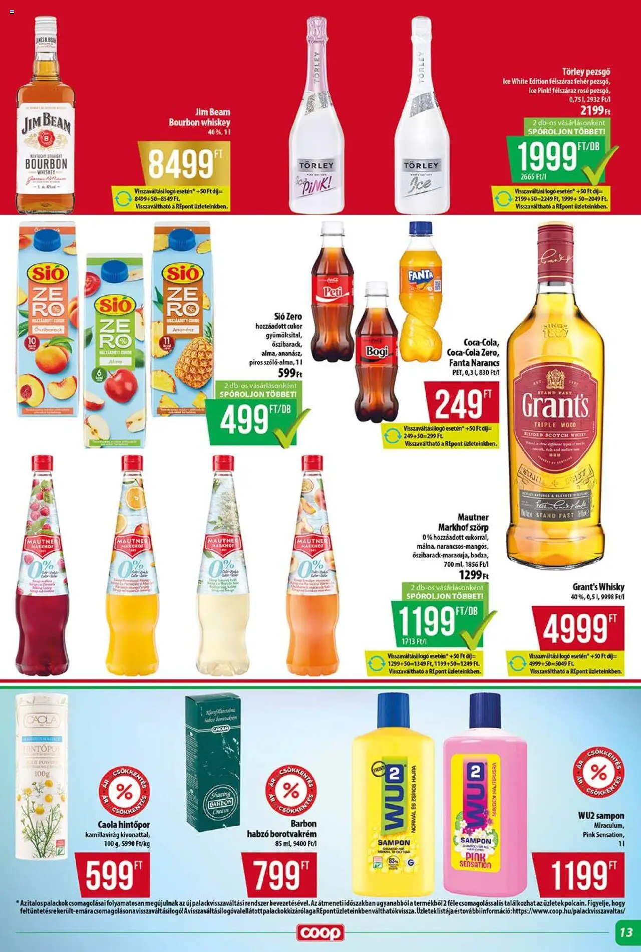 COOP akciós ujság - amely érvényes a következő dátumtól: 14.08.2025 | Oldal: 13 | Termékek: Szörp, Whiskey, Törley pezsgő, Bourbon
