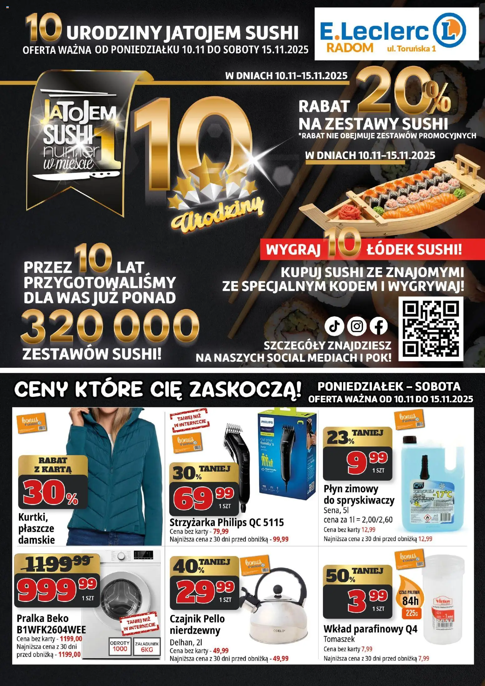 E.Leclerc Gazetka - Radom od 10.11.2025 | Strona: 1 | Produkty: Karta, Pralka, Czajnik, Sushi