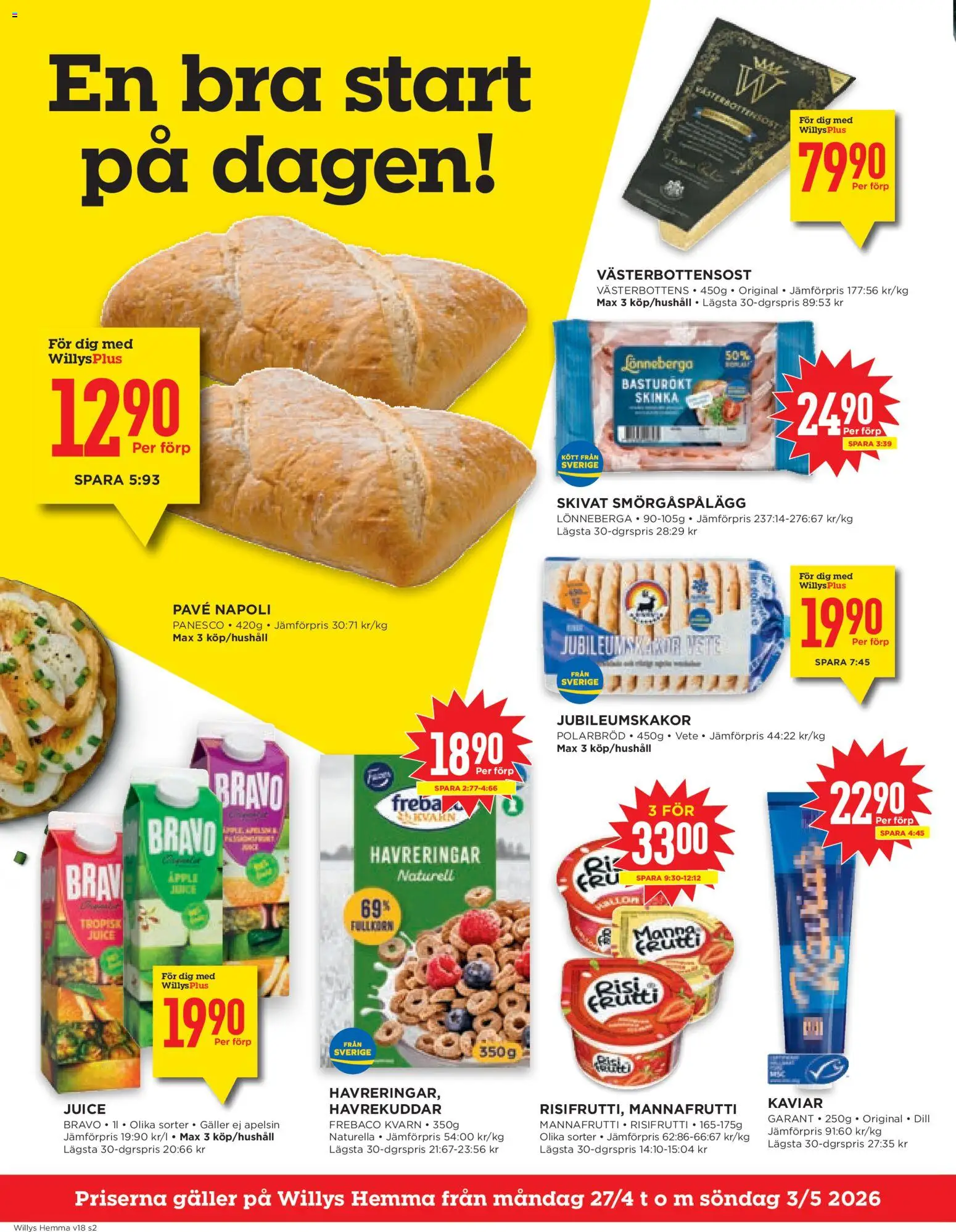 Willys reklamblad aktuell från 27.04.2026 | Sida: 2 | Produkter: Kvarn, Smörgåspålägg, Risifrutti, Juice